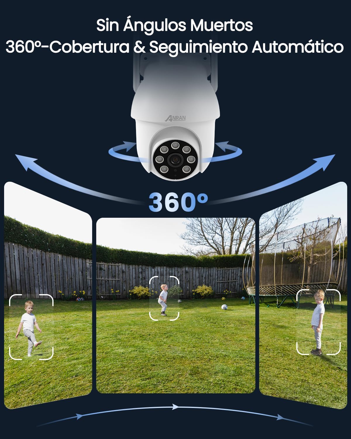 ANRAN Kamera monitoringowa 5 MP, zewnętrzna WLAN, nagrywanie 24/7, 2,4 i 5 GHz, PTZ 360° z automatycznym śledzeniem, 30 m noktowizor kolorowy ze światłem reflektorowym, 2-drożne audio, kompatybilna z