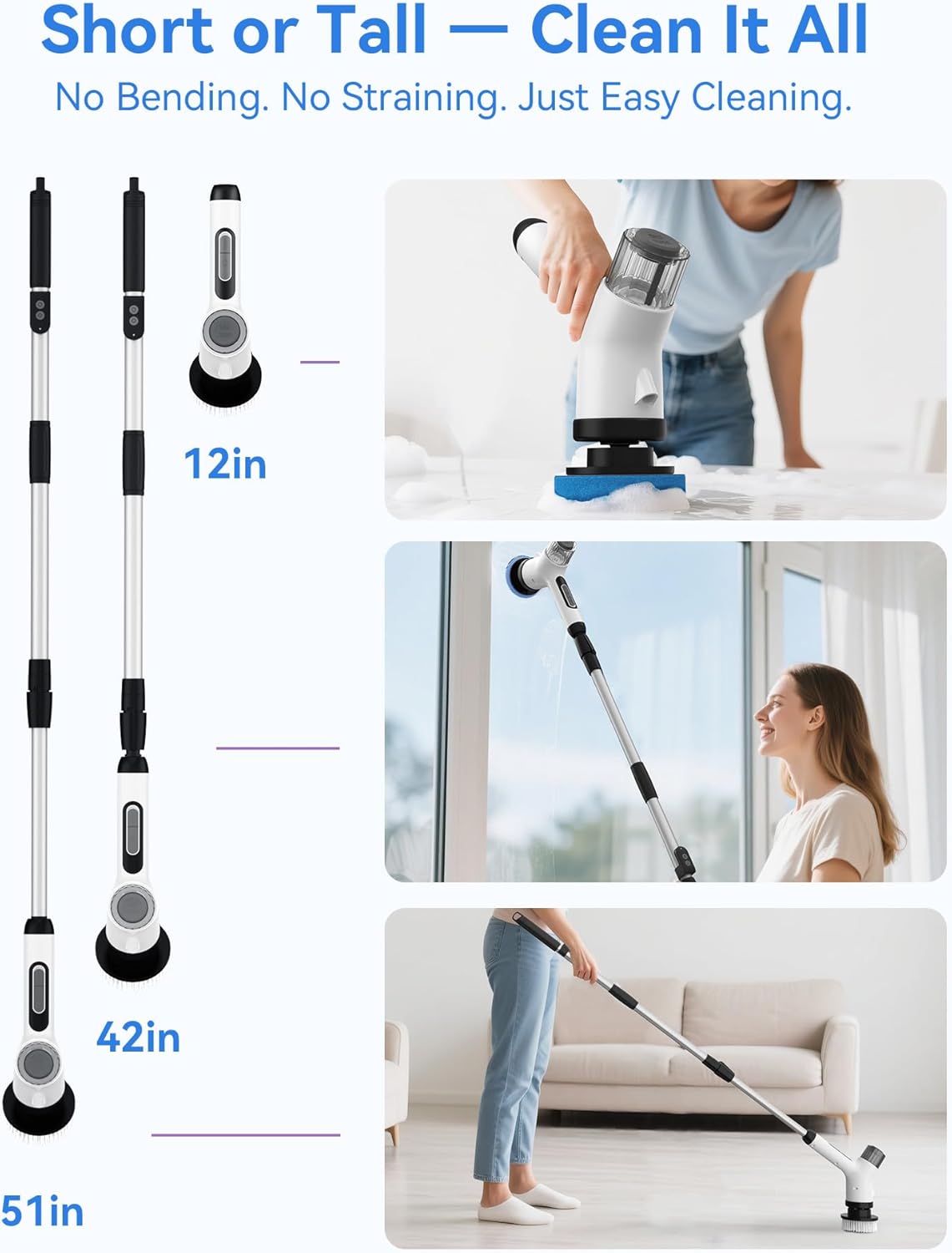 Premium Electric Spin Scrubber, IPX7 Waterproof with Foam Spray, Heavy-Duty Shower & Bathtub Brush for Bathroom, 300/380 RPM High-Torque, Long Stainless Steel Handle, LCD Display & Remote by Szwbee