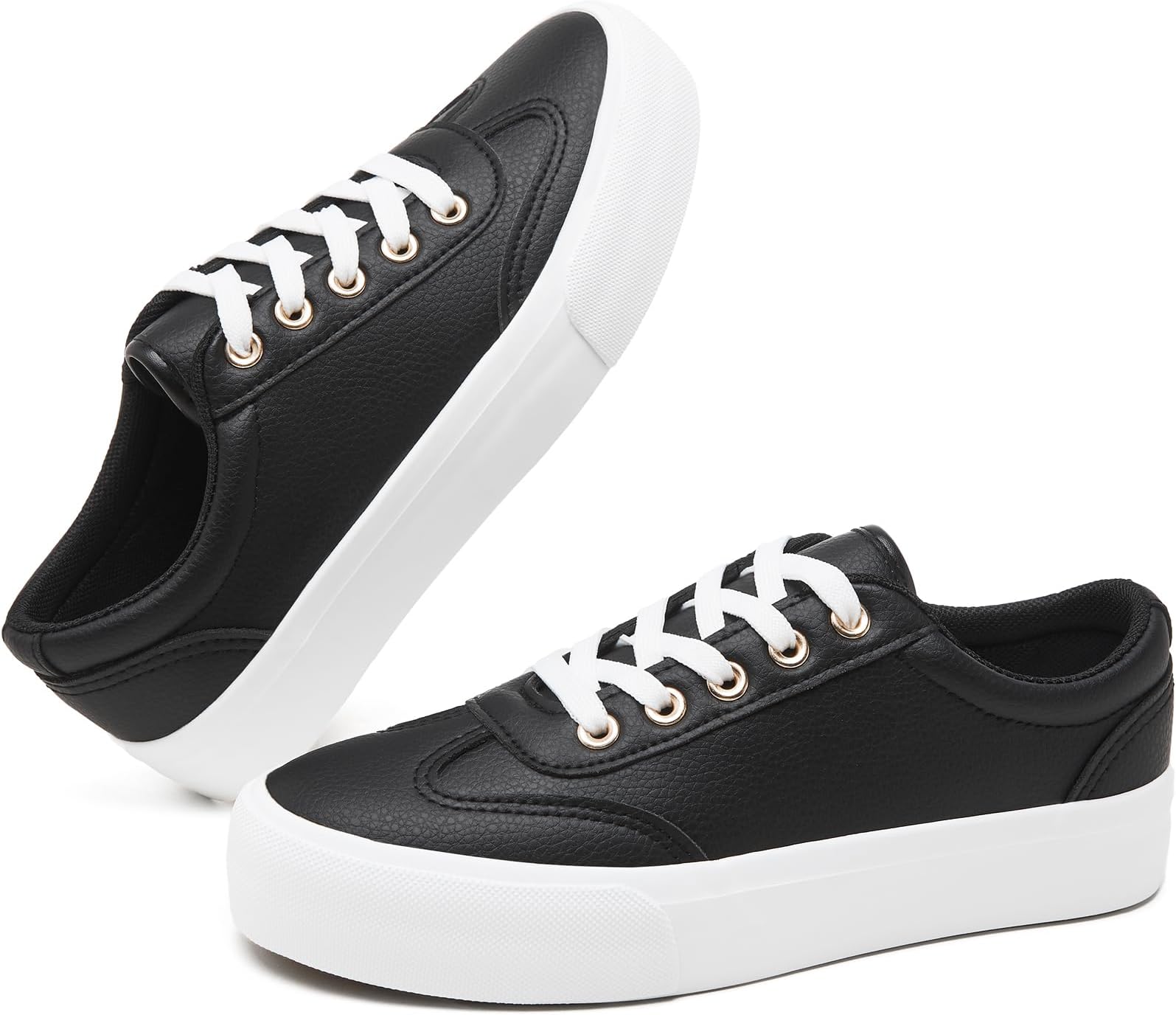 TUOPINWomen's Platform Sneakers,White PU Leather Sneaker for Women Fashion Casual Tennis Shoes,Black Lace up Platform Walking for Women