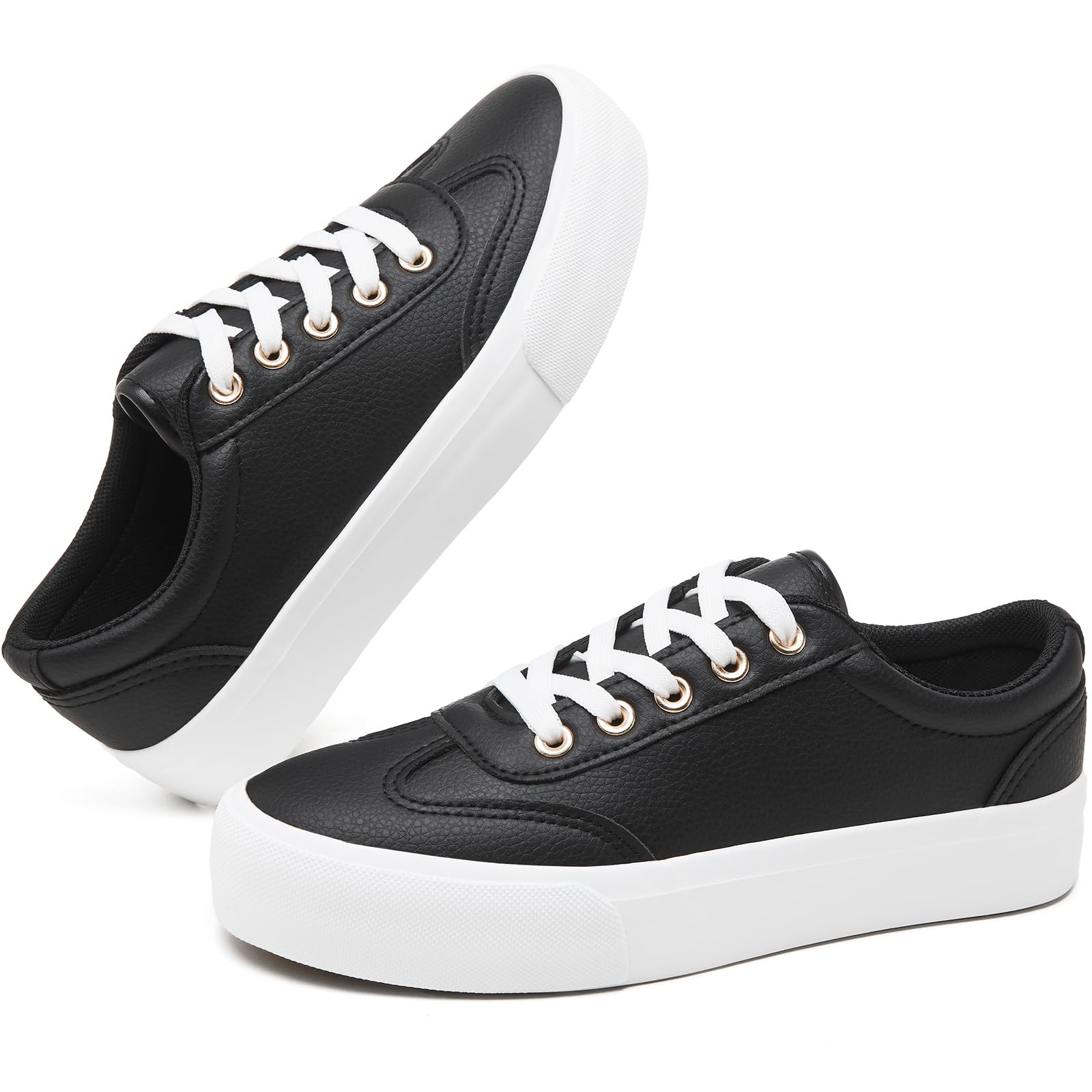 TUOPINWomen's Platform Sneakers,White PU Leather Sneaker for Women Fashion Casual Tennis Shoes,Black Lace up Platform Walking for Women