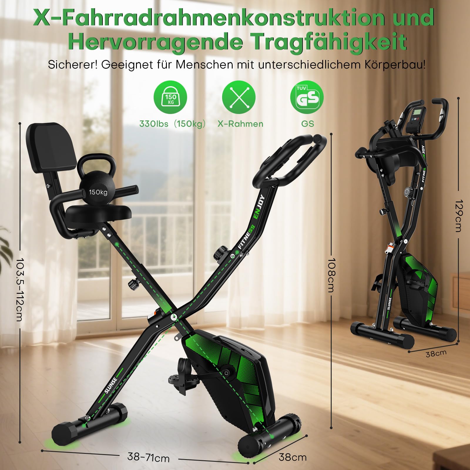 Heimtrainer Fahrrad, SLUNSE Neues 5-in-1 Hometrainer Fahrrad Klappbar, Ergometer Heimtrainer mit 16-fach Magnetwiderstand, Leise & Bequem, LCD-Display, Belastbar bis 160kg, Home Trainer
