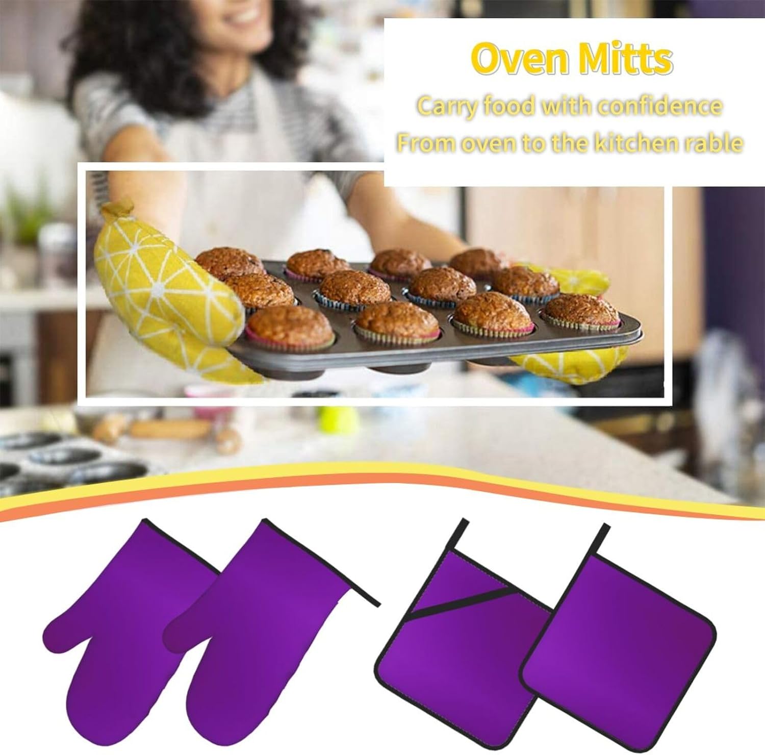 Solid color dark purple Oven gloves and heat-resistant mat 4-piece set. Suitable for grilling, microwave oven frying, and baking