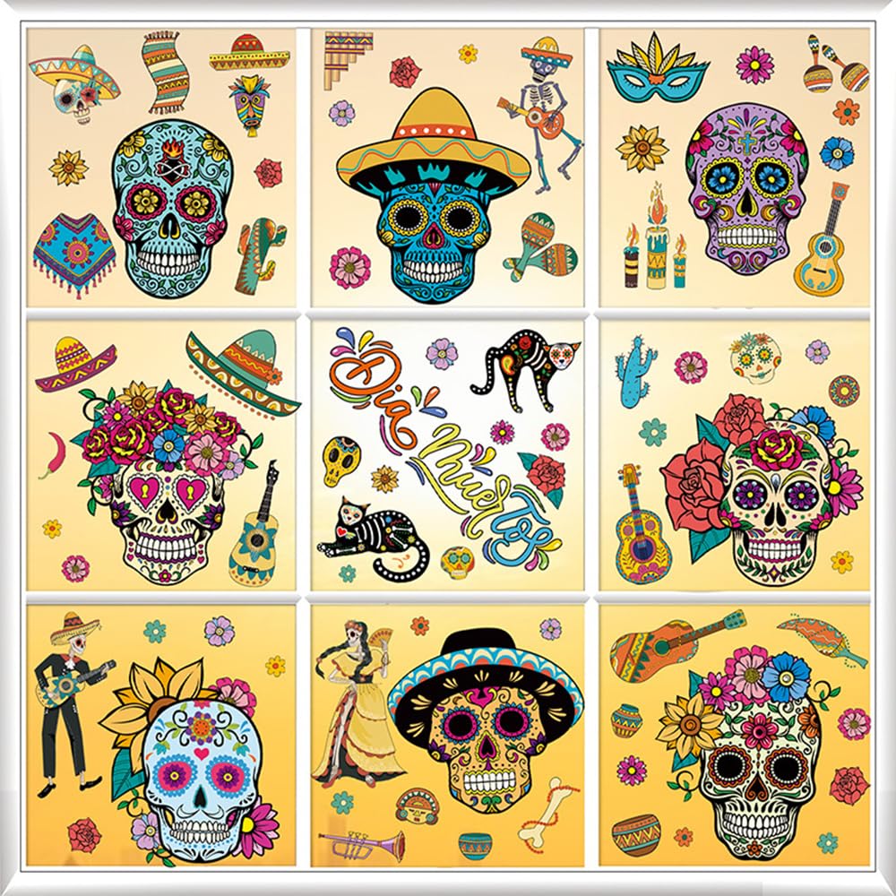 SARATA Dia de Los Muertos Window Cling Sticker Halloween Day of The Dead Mexico Window Cling Decals with Sugar Skull Floral Cats Sombrero Guitar Skeleton Design Mexican Fiesta Party Supplies 9Sheets