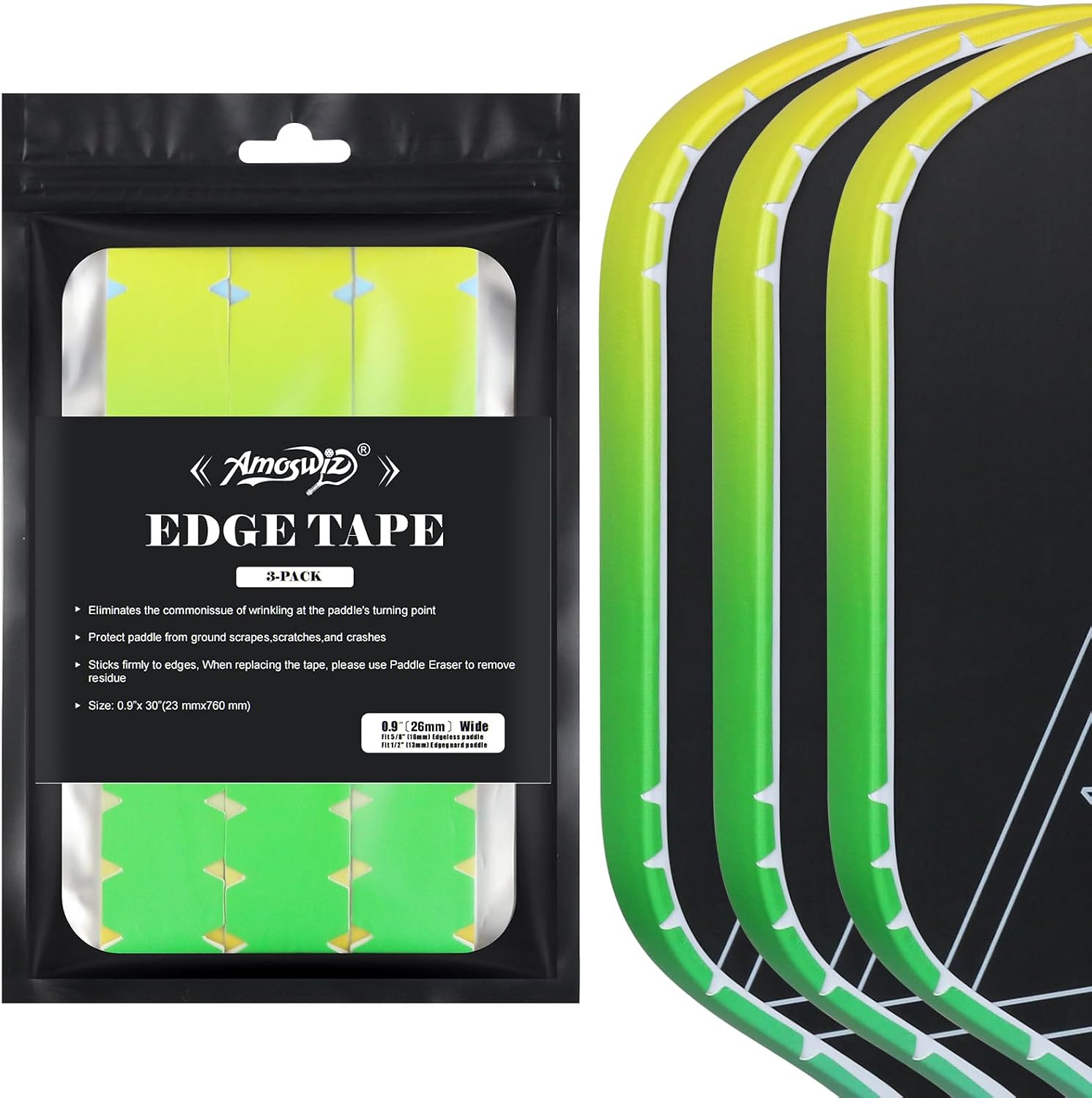 Pickleball Edge Guard Tape, 3 Pcs, Gradient | Gradiant Green to Yellow to Blue, Fits 13mm, 16mm, and 20mm Paddles, 23mm Width