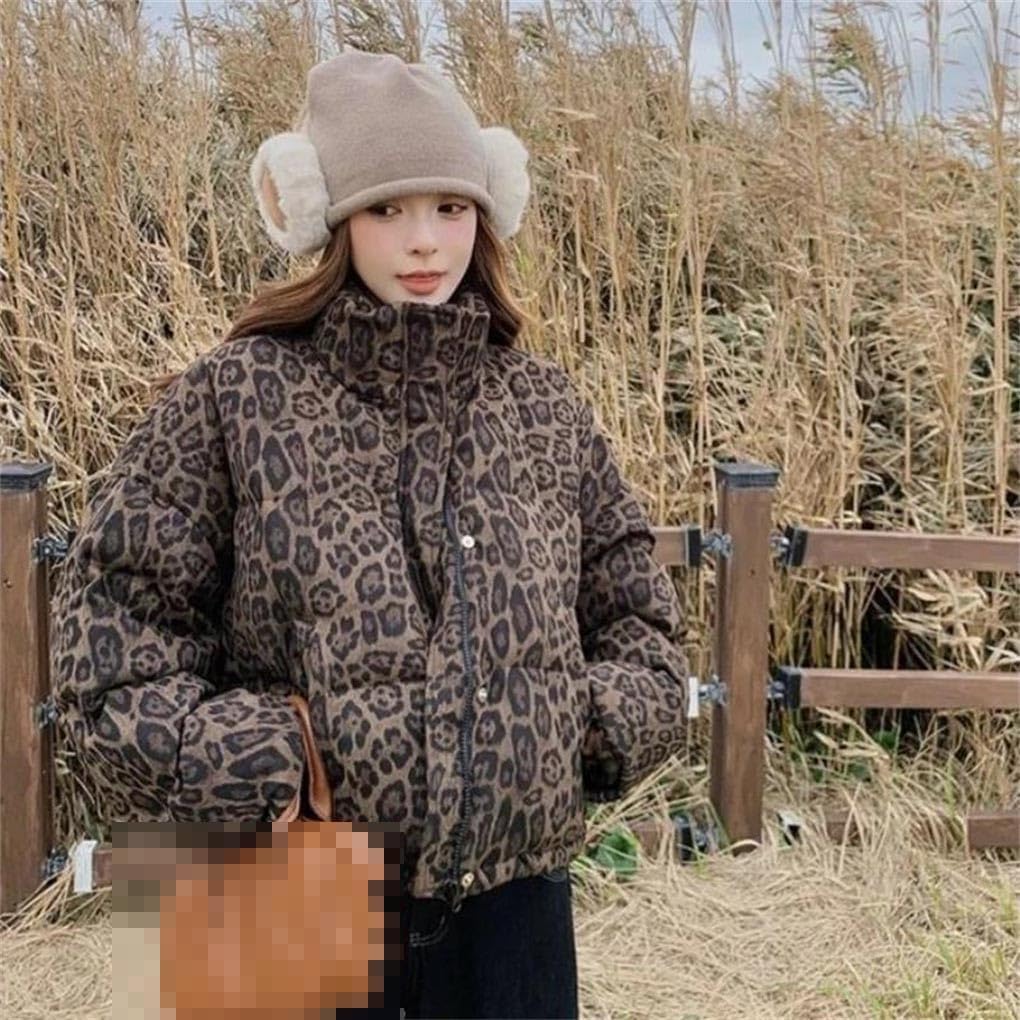 Women's Leopard Print Stand Collar Puffer Winter Loose Thickened Bread Style Short Warm Cotton Coat