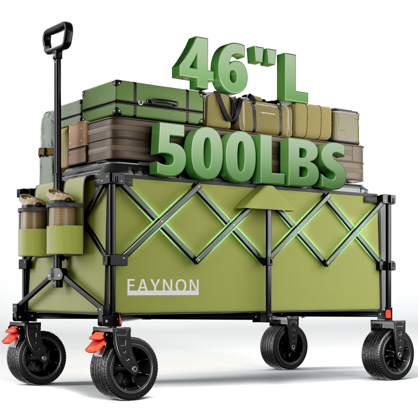 46" L Collapsible Foldable Extended Wagon, 500LB Weight Capacity with 280L Heavy Duty Folding Cart,Utility Wagon with All-Terrain Beach Wheel &amp; Drink Holders,Green