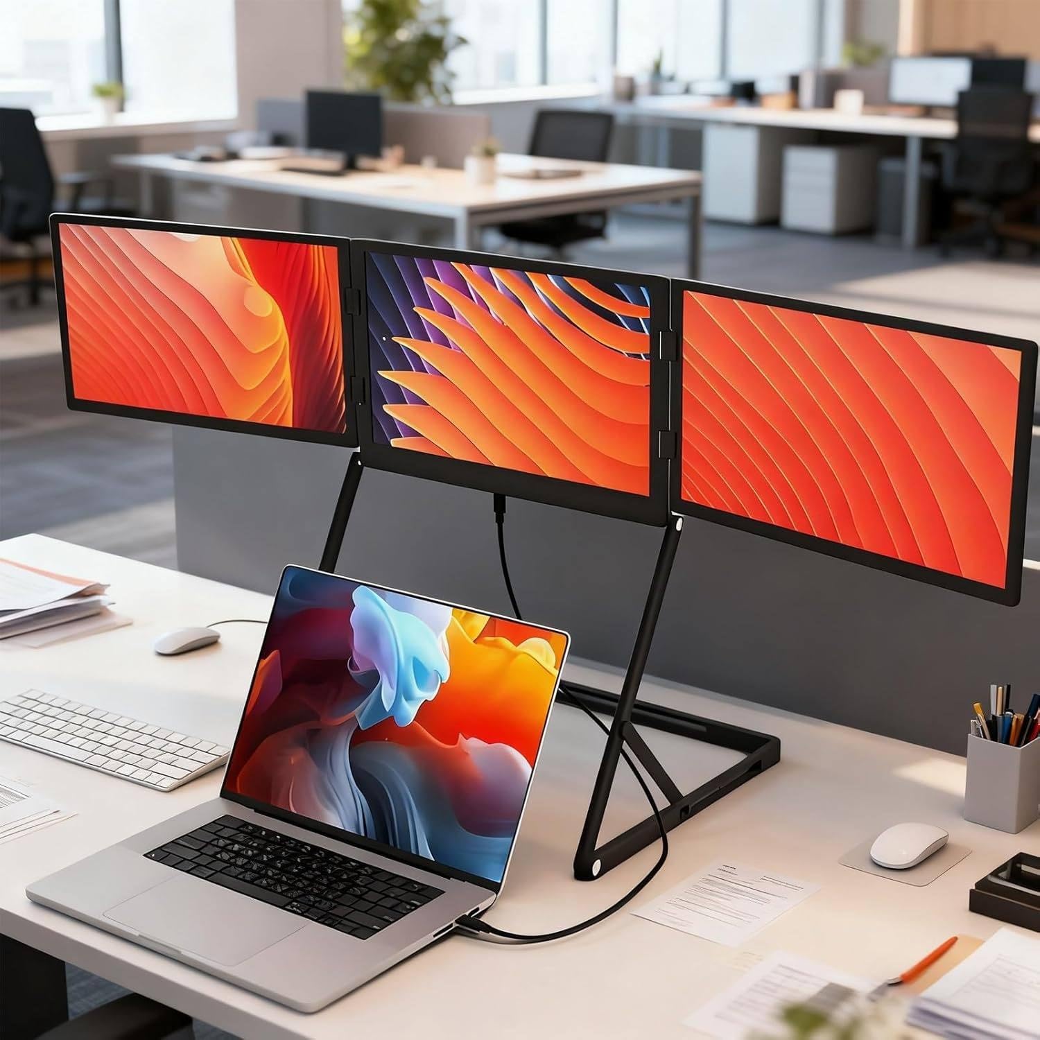 15,6-calowy Przenośny Monitor Potrójny Do Laptopa; Trzy Niezależne Ekrany Umożliwiające Jednoczesną Pracę Wielozadaniową; Kompatybilny Z Regulacją Kątów Widzenia I Obrotem O 360°