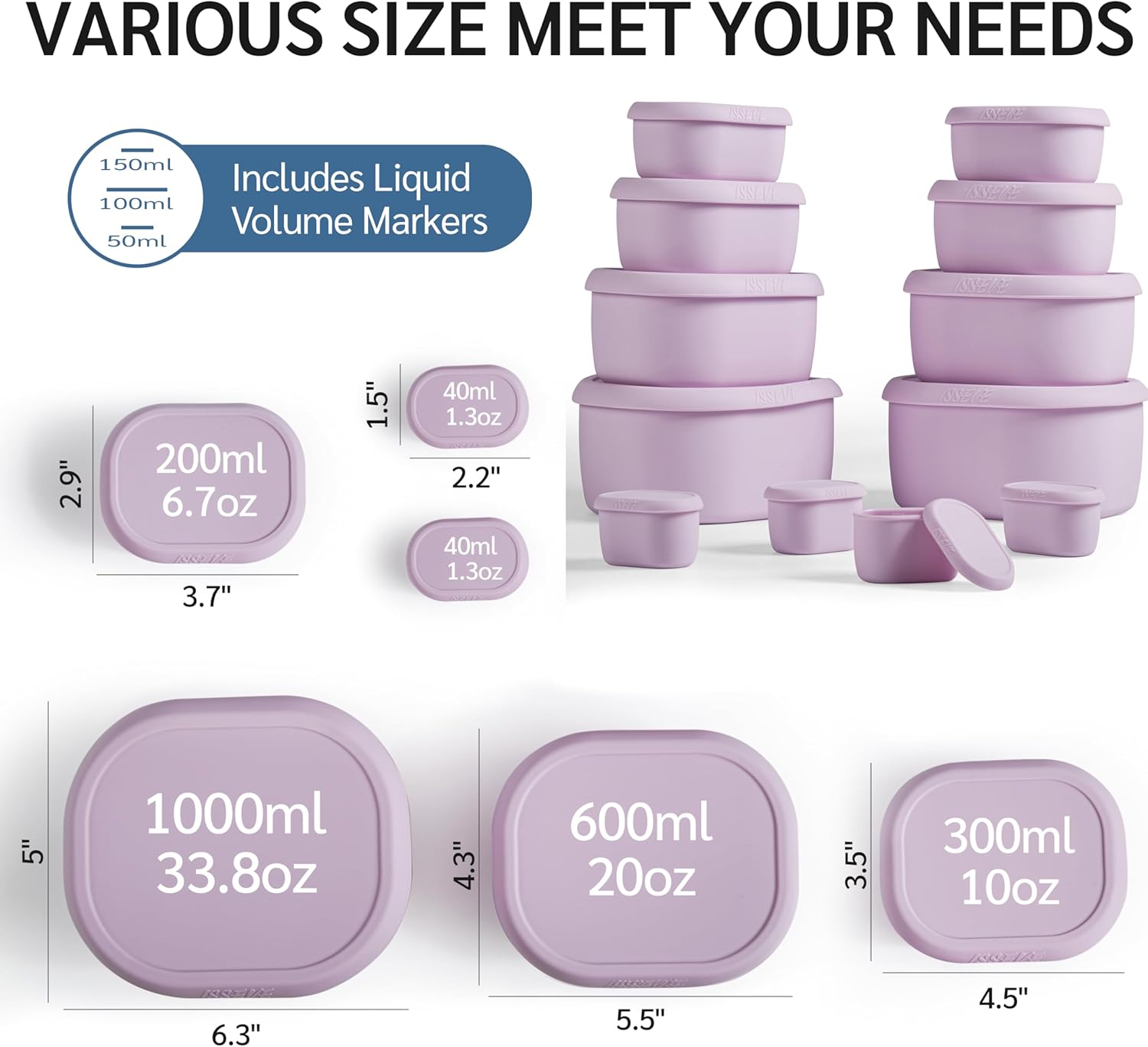 ISSEVE 12Pcs/Set Nesting Silicone Food Storage Containers with Lids, BPA Free Reusable Meal Prep Silicone Containers Airtight, Freezer Dishwasher Safe (33.8oz, 20oz, 10oz, 6.7oz, 1.3oz) (Purple)
