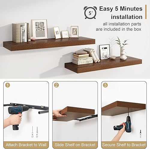 Miniatura 8 de Heimlove Estantes flotantes de 12 pulgadas de profundidad para pared, estantes de baño de 24 pulgadas, juego de 1, estantes montados para libros