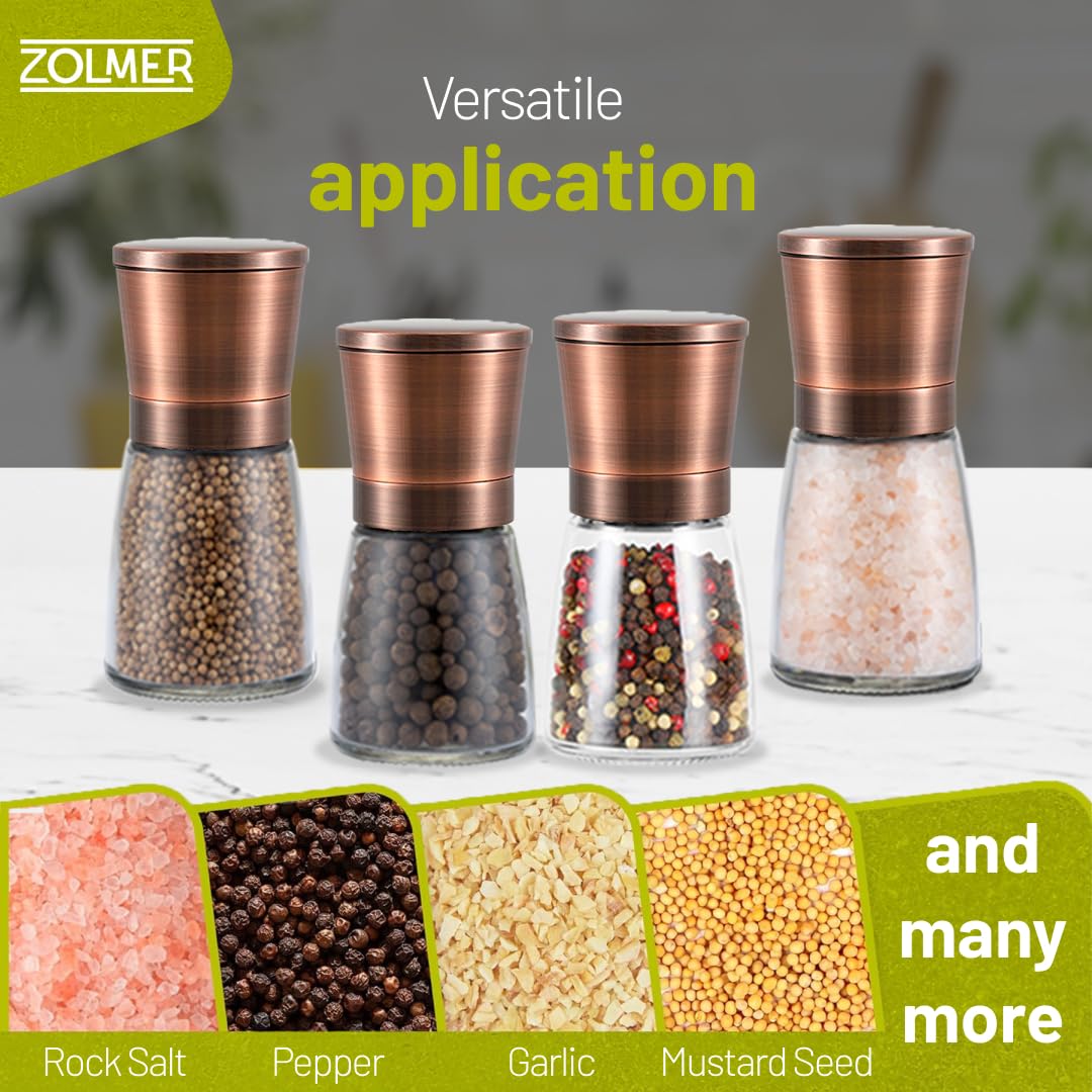 Zolmer® Salt and Pepper Mill Set, Copper Look Spice Mill with Ceramic Grinder, Refillable Glass Salt and Pepper Mill - Image 4