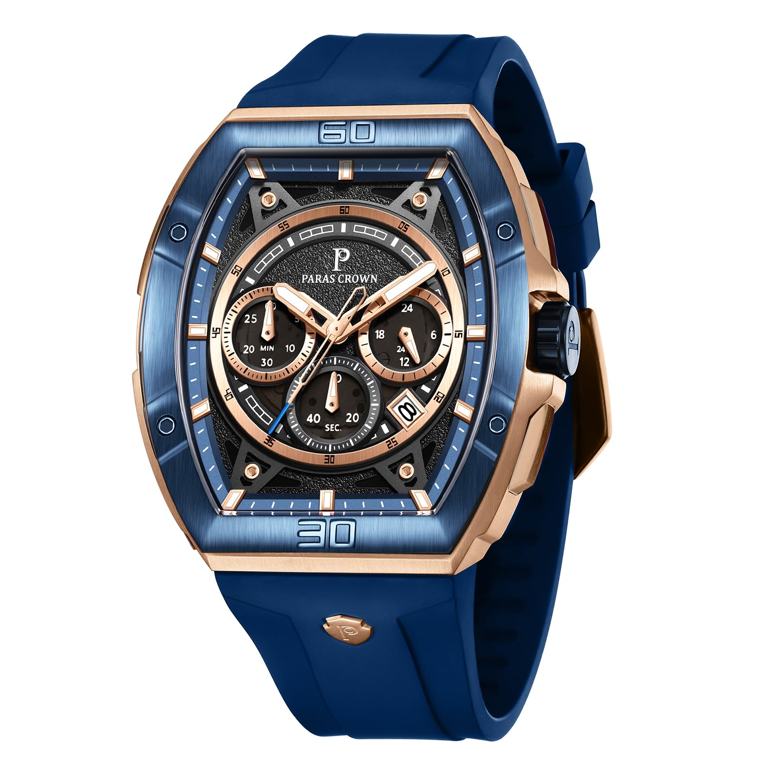 PC PARAS CROWNParas Crown Watches for Men Tonneau 5ATM Waterproof Quartz Luxury Chronograph Analog Men's Wrist Watches Stainless Steel Case Mens Watches