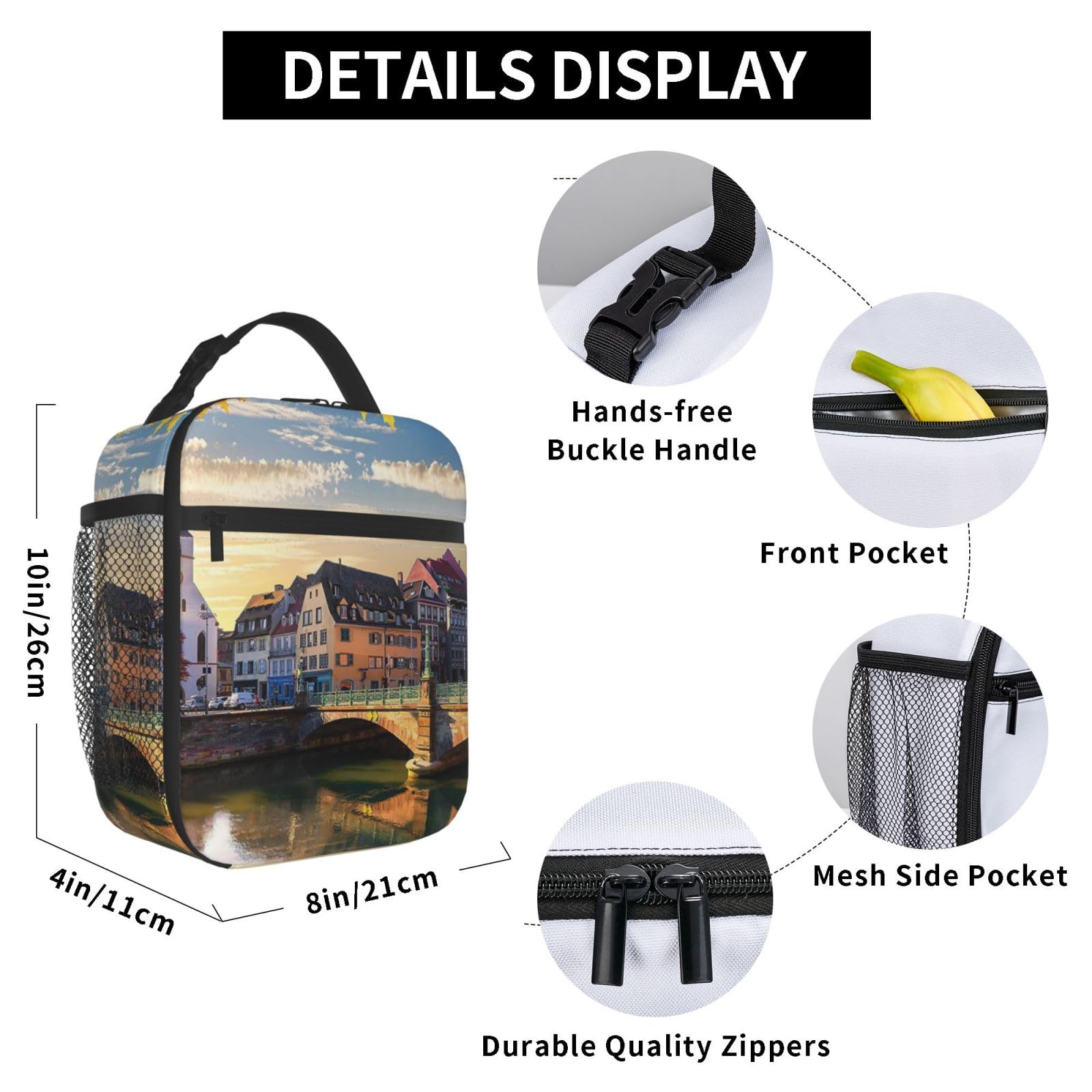 Geïsoleerde Lunch Tas Herbruikbare Lunch Box Straatsburg Zonsondergang Print Lunch Tote Bag Koeler Maaltijd Tas Voor Mannen Vrouwen
