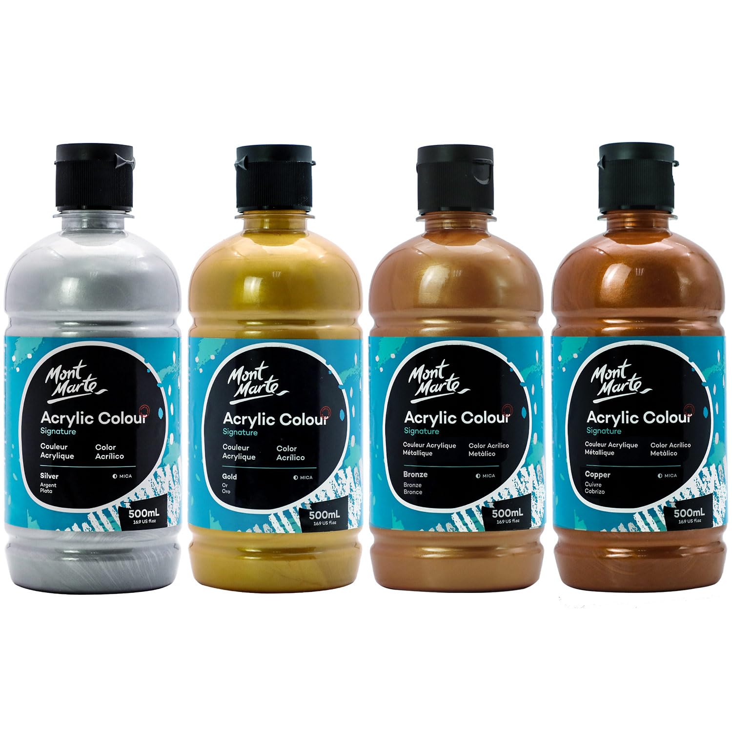 Mont Marte Signature Gold, Silver, Bronze and Copper Acrylic Paint, 16.9oz (500ml) 4, Semi-Matte Finish, Suitable for Canvas, Wood, Fabric, Leather, Cardboard, Paper, MDF and Crafts