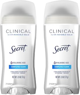 Secret Clinical Strength Antiperspirant Deodorant for Women, 3X Stress Protection, 72hr Sweat & Odor Protection, PH Balancing Minerals, Invisible Solid, Completely Clean Scent, 2.6 oz (Pack of 2)