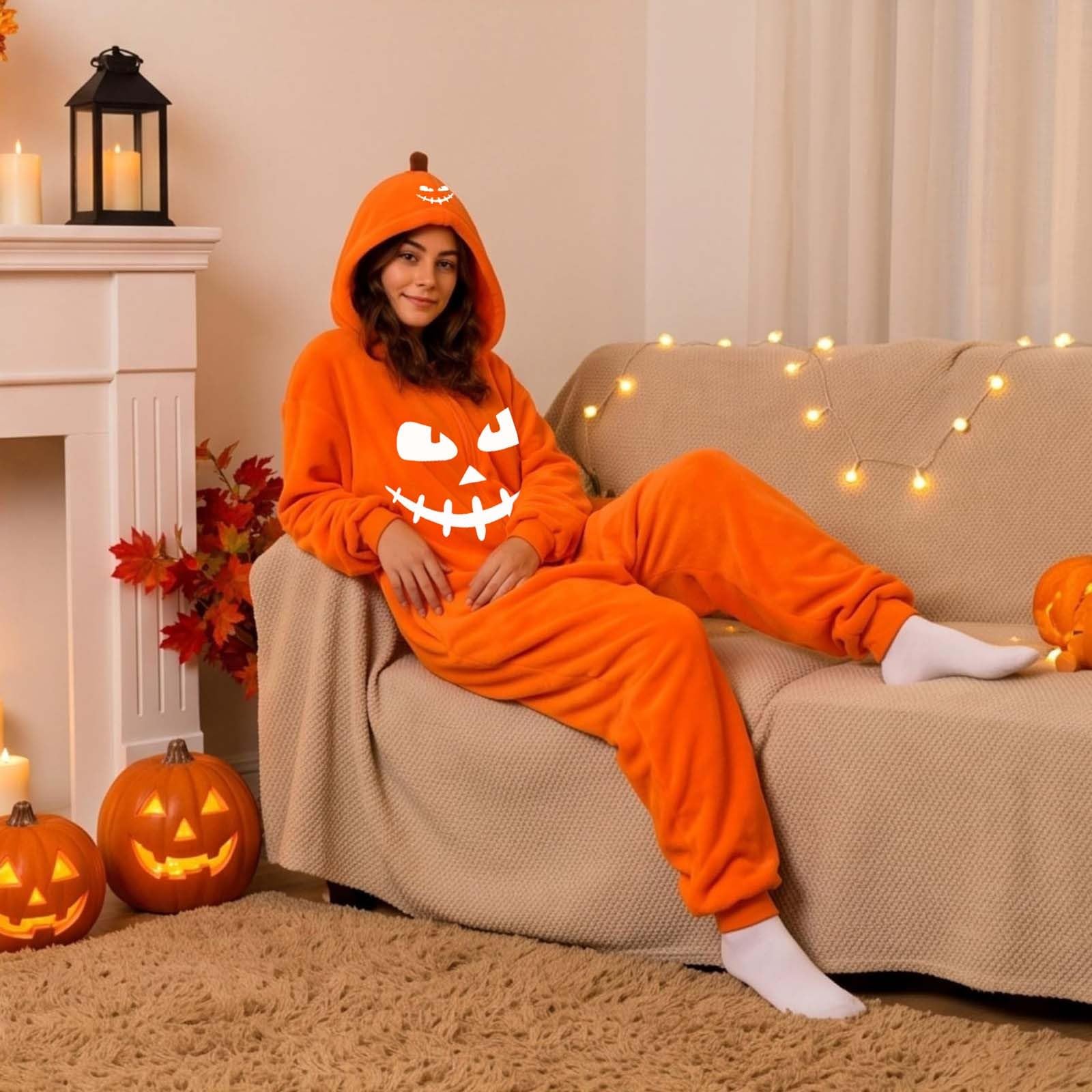 Costume Halloween Donna, Pigiama Intera Halloween Zucca con Cappuccio, Tuta Onesie in Pile Divertente, Pigiama Completo Adulto da Casa per Festa, Cosplay, Carnevale, Natale e Serate a Tema