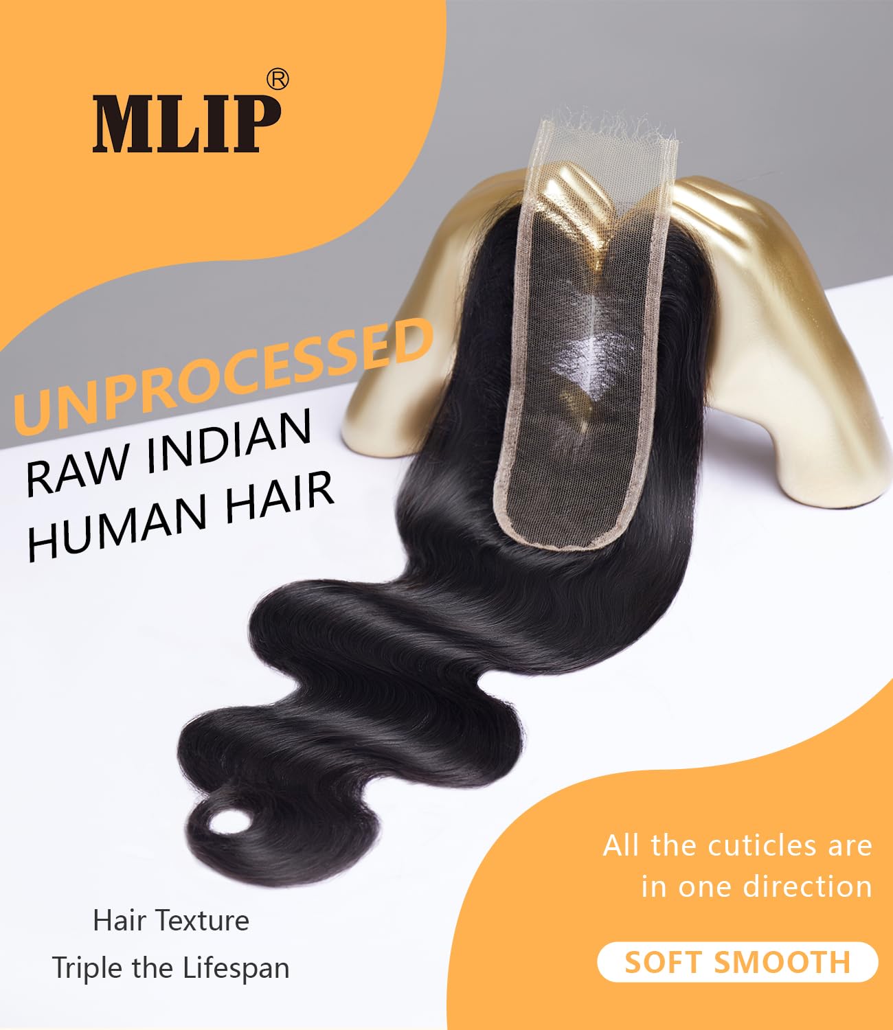 Mlip 2x6 HD Lace Closure Body Wave, 0.10mm Ultra Thin Invisible Swiss Lace, Skinlike Real HD Lace Melt into Skin Perfectly, Pre-plucked Natural Hairline, Raw Indian Human Hair 12 Inches