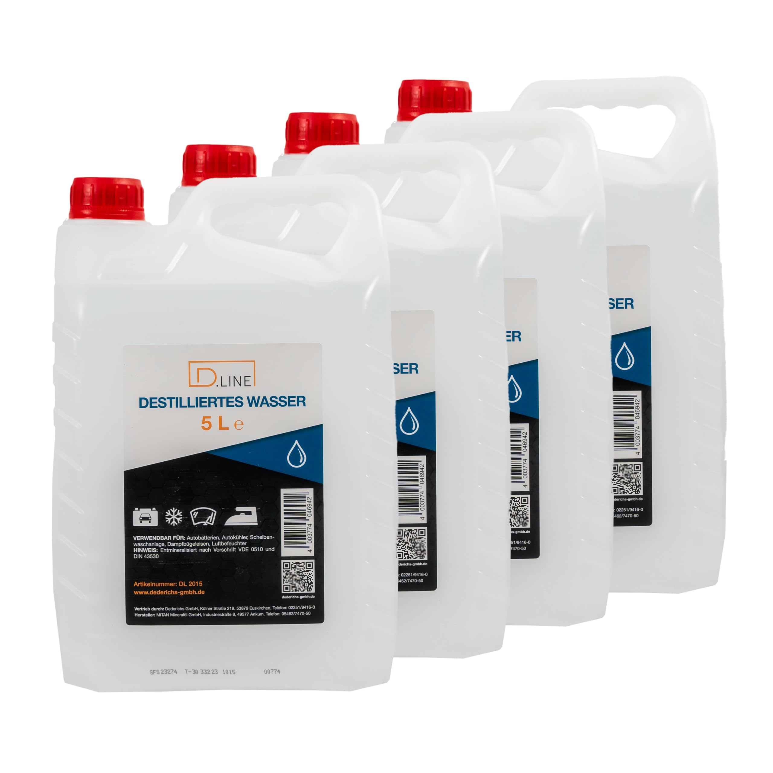 D.LINE Acqua distillata 5 litri, demineralizzata secondo la norma VDE 0510 e DIN 43530 (4 x 5 litri)