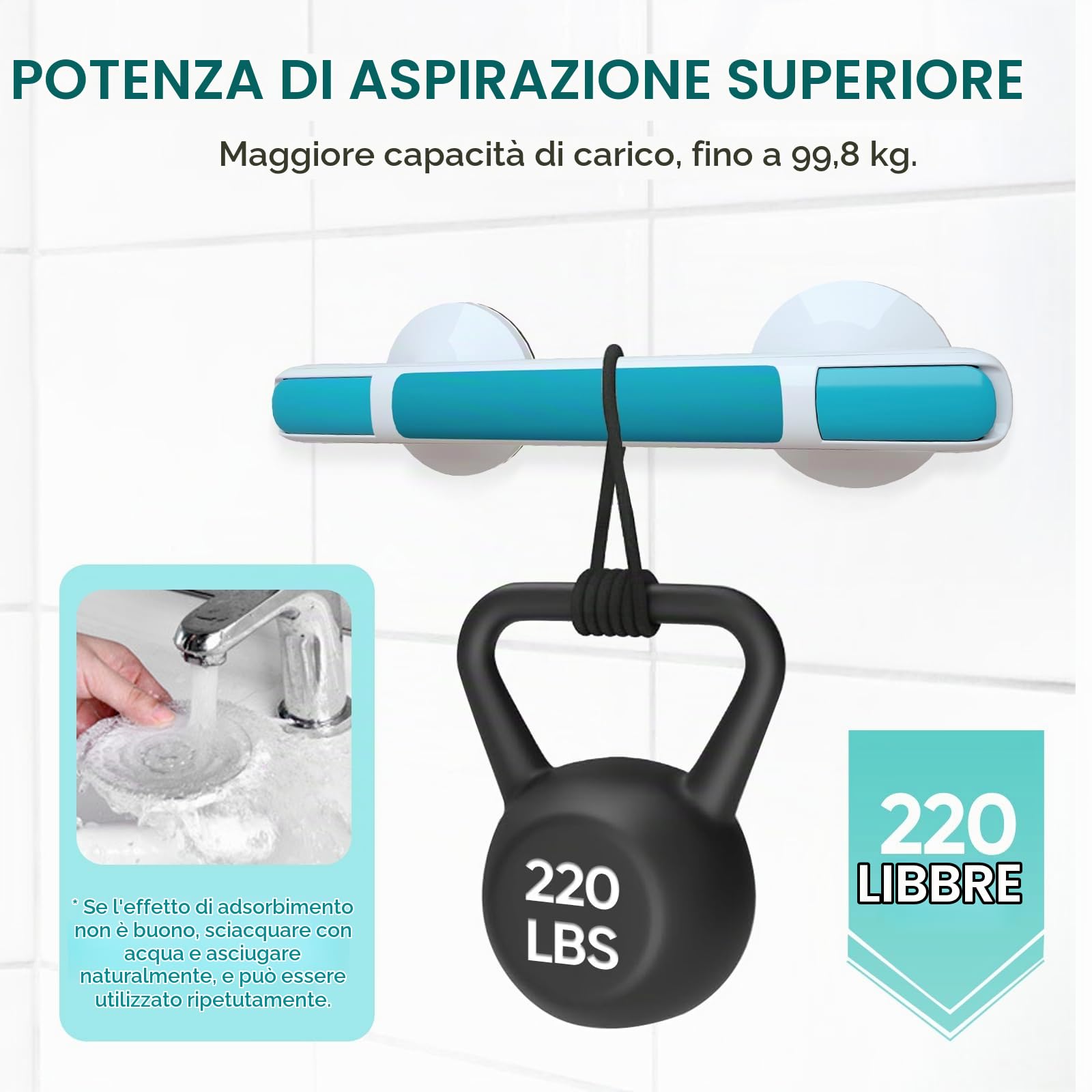 Maniglia Doccia per Anziani con Ventosa, Blu | Max 110 kg, Per Disabili, Senza Foratura, Handy Grasp Pro