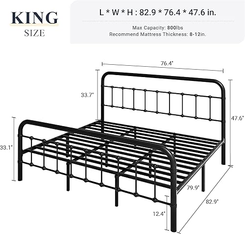 Miniatura 2 de Allewie Base de cama de metal tamaño King con cabecera de hierro forjado estilo victoriano no requiere somier color negro