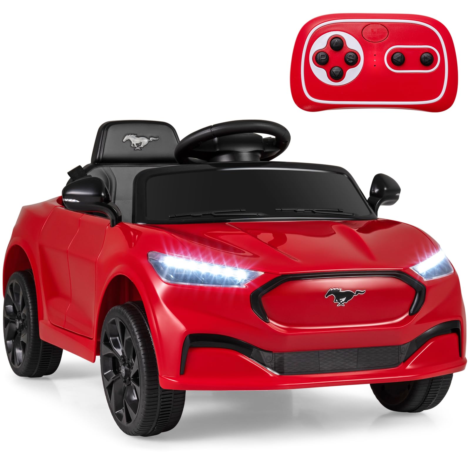 Costzon Ford Mach E - Veicolo elettrico per bambini con controllo genitori, luci LED, clacson, musica, connessione wireless e sospensioni a molla, giocattolo per bambini per ragazze e ragazzi (rosso)