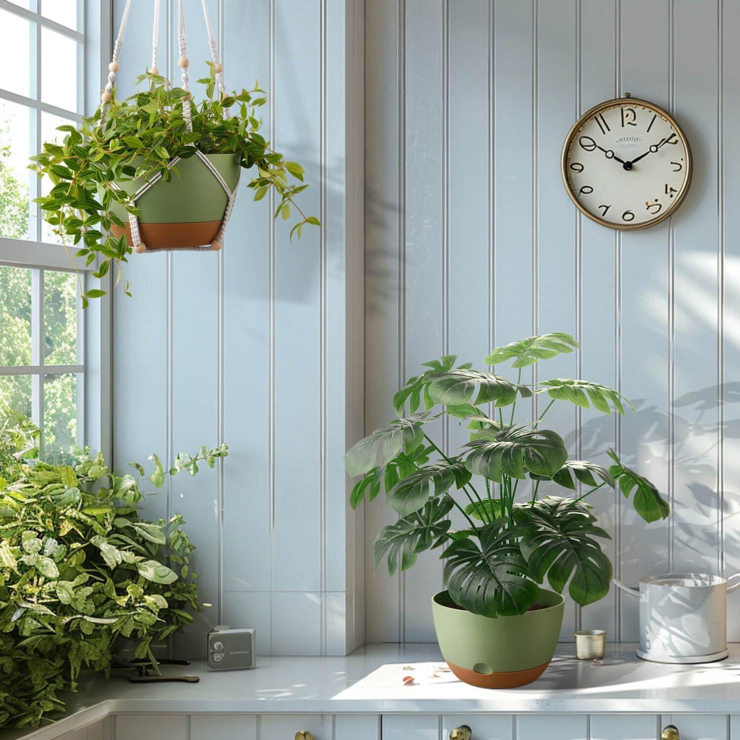 10 Inch Hanging Planters for Indoor Plants,Set of 2 Hanging Pots for Plants with Self-Watering, Outdoor Hanging Plant Pot with Drainage and 2 Kinds of Hanging Baskets Hangers for Home Decor and Garden