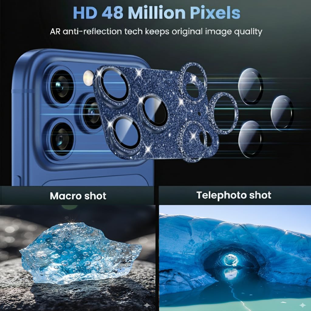 Glitter Bling Ring Camera Lens Protector cover for iPhone 17 Pro Max Women, 9H Hardness Tempered Glass Lens Protector, Anti-Scratch, Cosmic Orange (blue) image 2