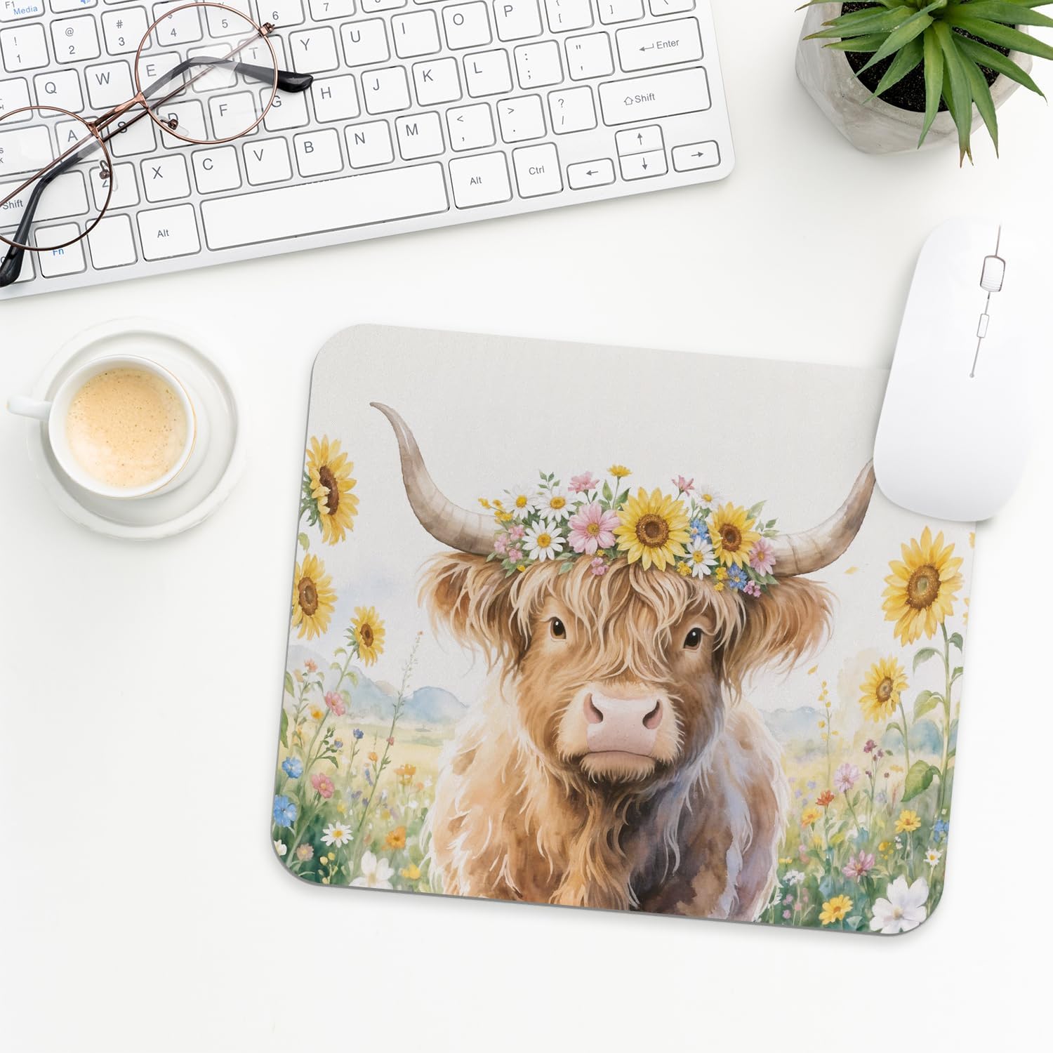 Highland Cow Floral Mouse Pad, Highland Cow Gifts for Women, Cottagecore Flower Western Cattle Mouse Pads Mousepad for Home Office Dorm Desk Computers Laptop Accessories, 9.5x7.9 in image 2