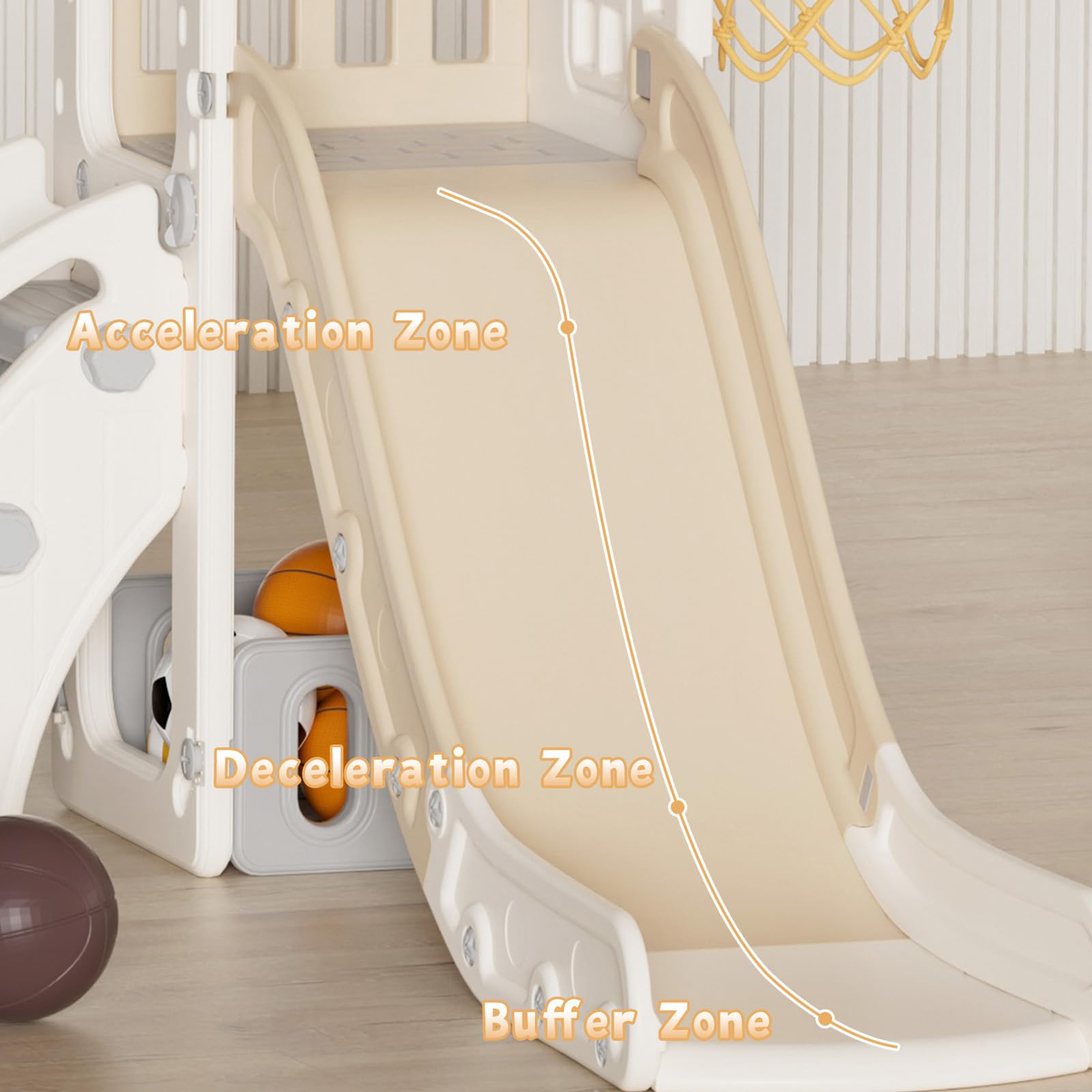 KORIMEFA Tobogán Infantil 5 en 1 con Canasta Plegable y balón de Baloncesto, Pequeño tobogán Infantil Toboganes Independientes para niños y niñas a partir de 1 año, para uso interior y exterior (Café)