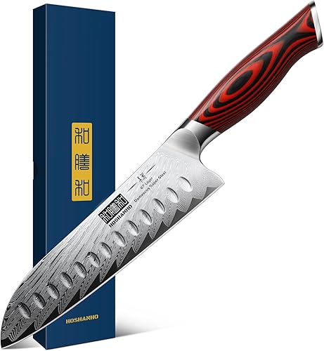 HOSHANHO Cuchillo Santoku de Damasco, cuchillo de cocina profesional de 7 pulgadas, cuchillo de chef Santoku de acero súper de Damasco ultra-afilado