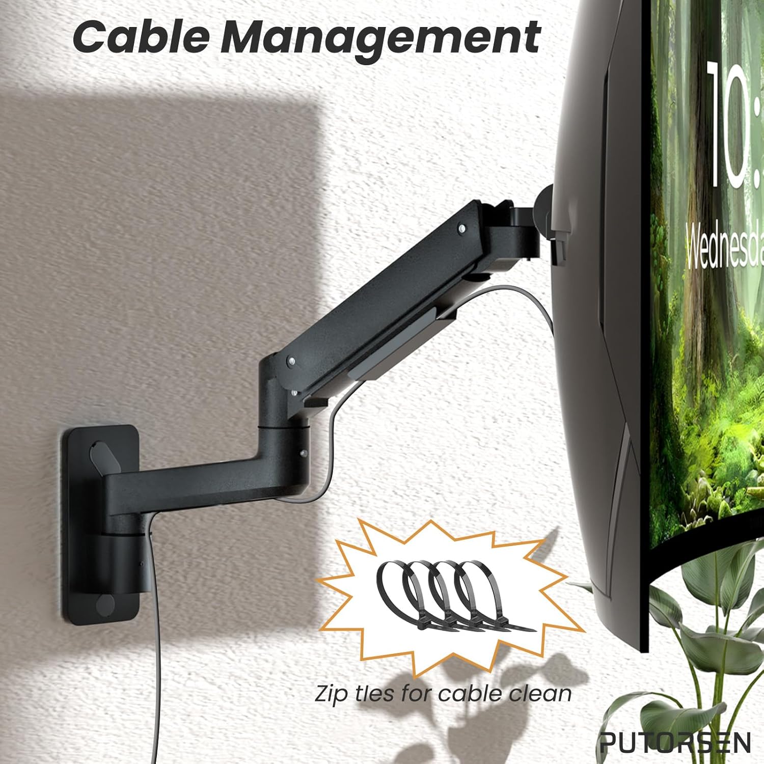 PUTORSEN 17-49 inch Premium Ultrawide Monitor Wall Mount, Heavy Duty Single Wall Mount Monitor Arm up to 44lbs, Fully Adjustment, VESA 75/100/200, Black