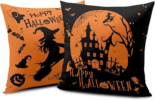 Miniatura 2 de Juego de 2 fundas de almohada de otoño para interiores de 20 x 20 pulgadas, decoración de castillo de bruja, funda de almohada negra y amarilla,