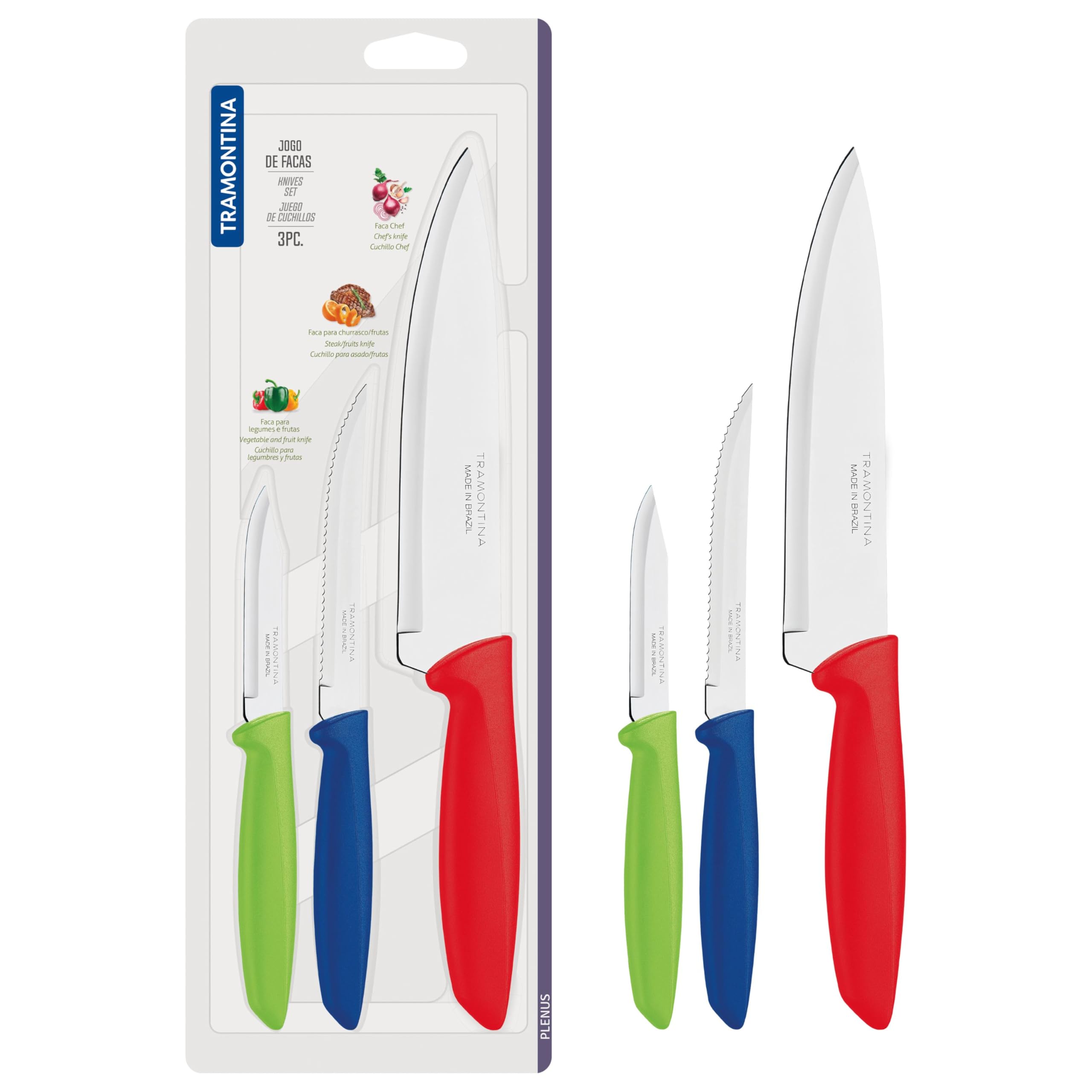 Plenus 3 Pieces Knives Set with Stainless Steel Blade and Multicolor Polypropylene Handle