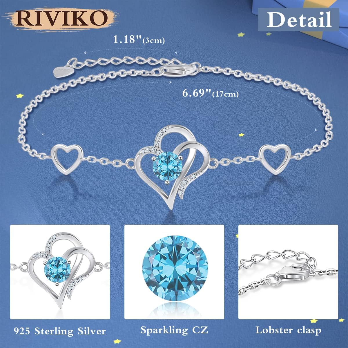RIVIKO Love Heart Charm Bracelet For Women 925 Sterling Silver With Zirconia Birthstone Bracelets Adjustable Link for Mother Wife Sister Birthday Christmas Day Anniversary Jewelry Gift - Image 4