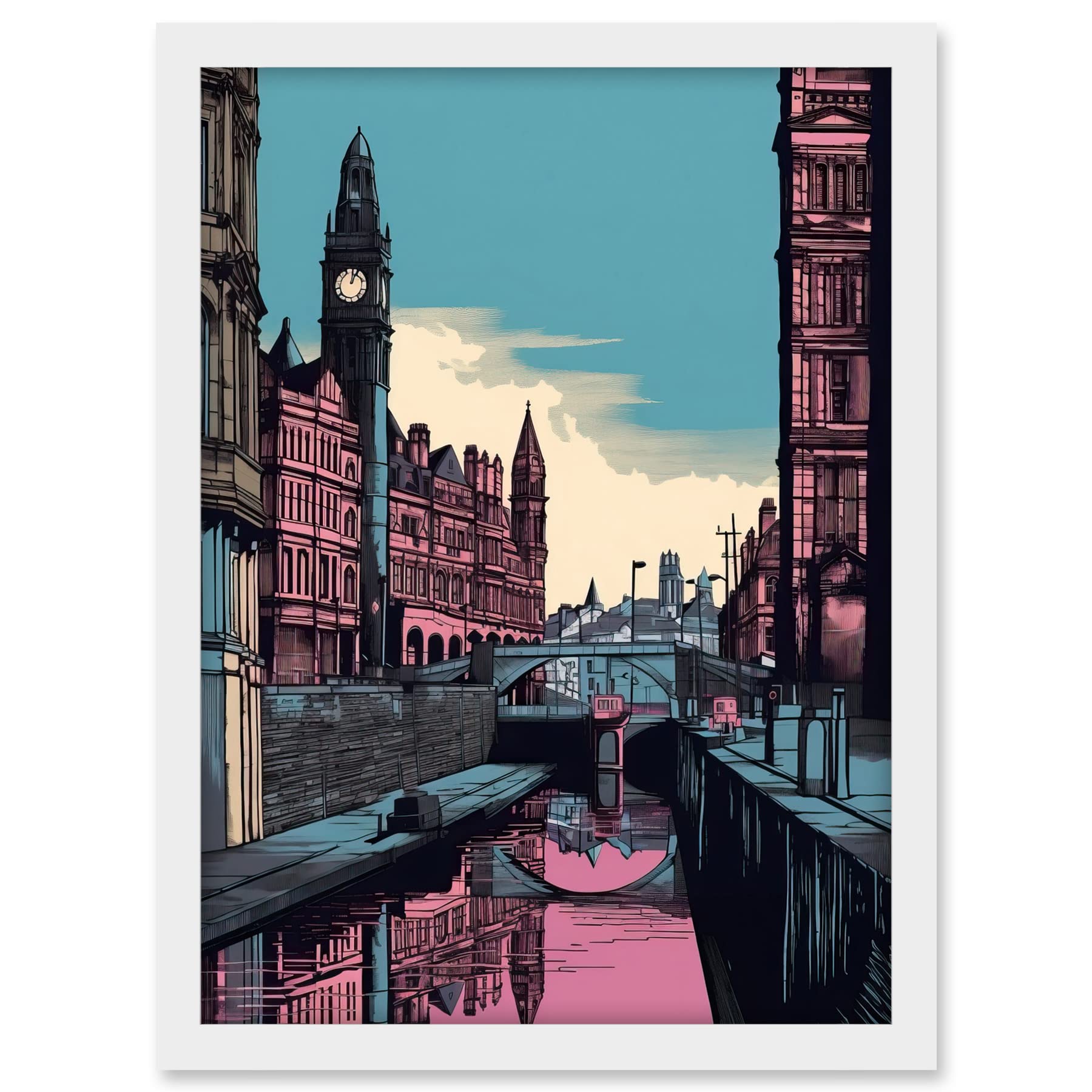 Artery8 Leeds Canal Cityscape Pink and Teal Illustration Artwork Framed A3 Wall Art Print