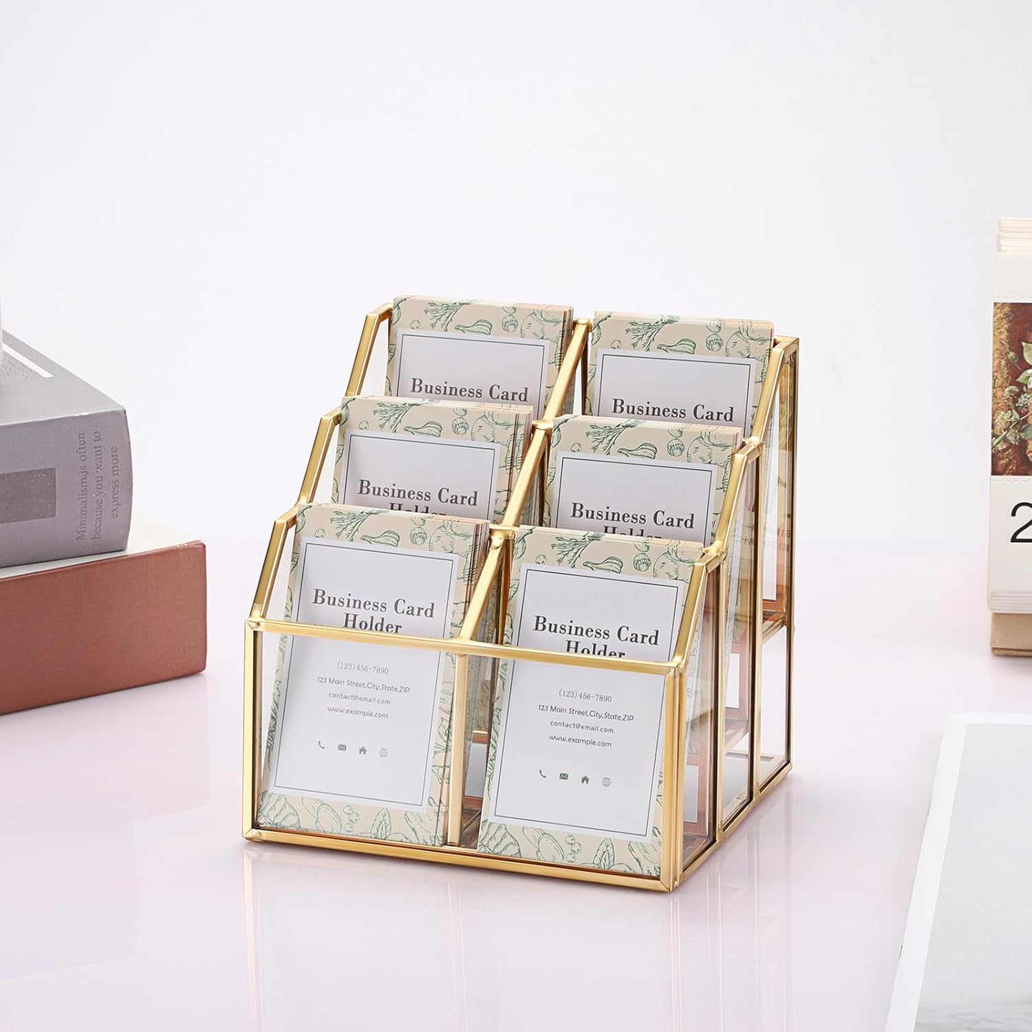 Hipiwe Business Card Display with Mirror Holder Gold Name Card Holder for Office Exhibition Modern Desktop Organizer for Pen Bookmark Card, 3 Layers 6 Slots