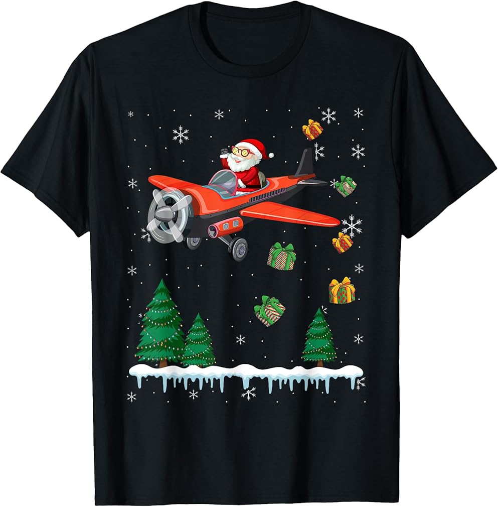 Santa Claus Pilot Flying Airplane Merry Christmas Boy Kids T-Shirt