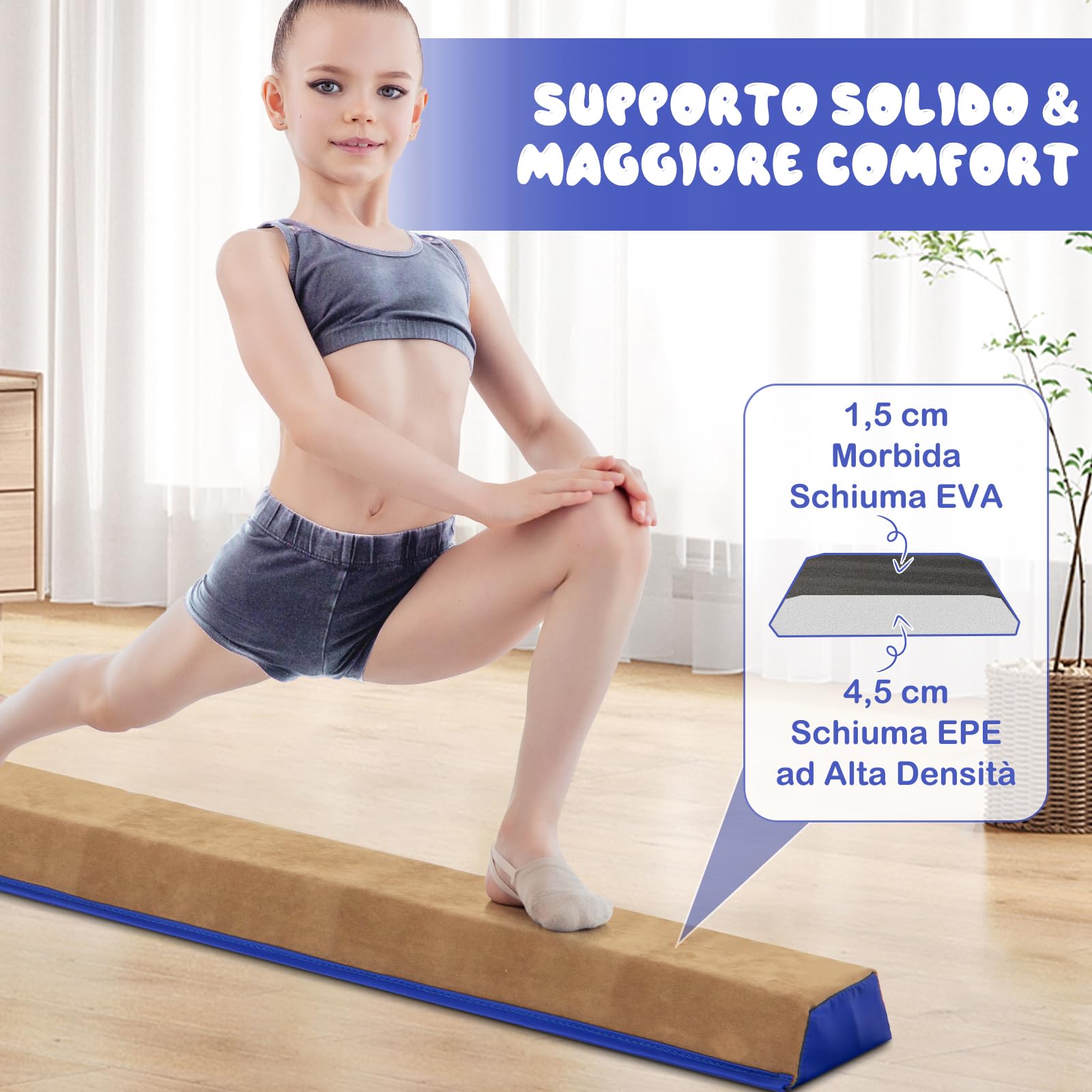 COSTWAY Trave da Ginnastica per Bambini Pieghevole 240 cm, Trave di Equilibrio Portatile conSuperficie in Pelle Scamosciata e Schiuma Morbida, Attrezzatura per Ginnastica a Casa