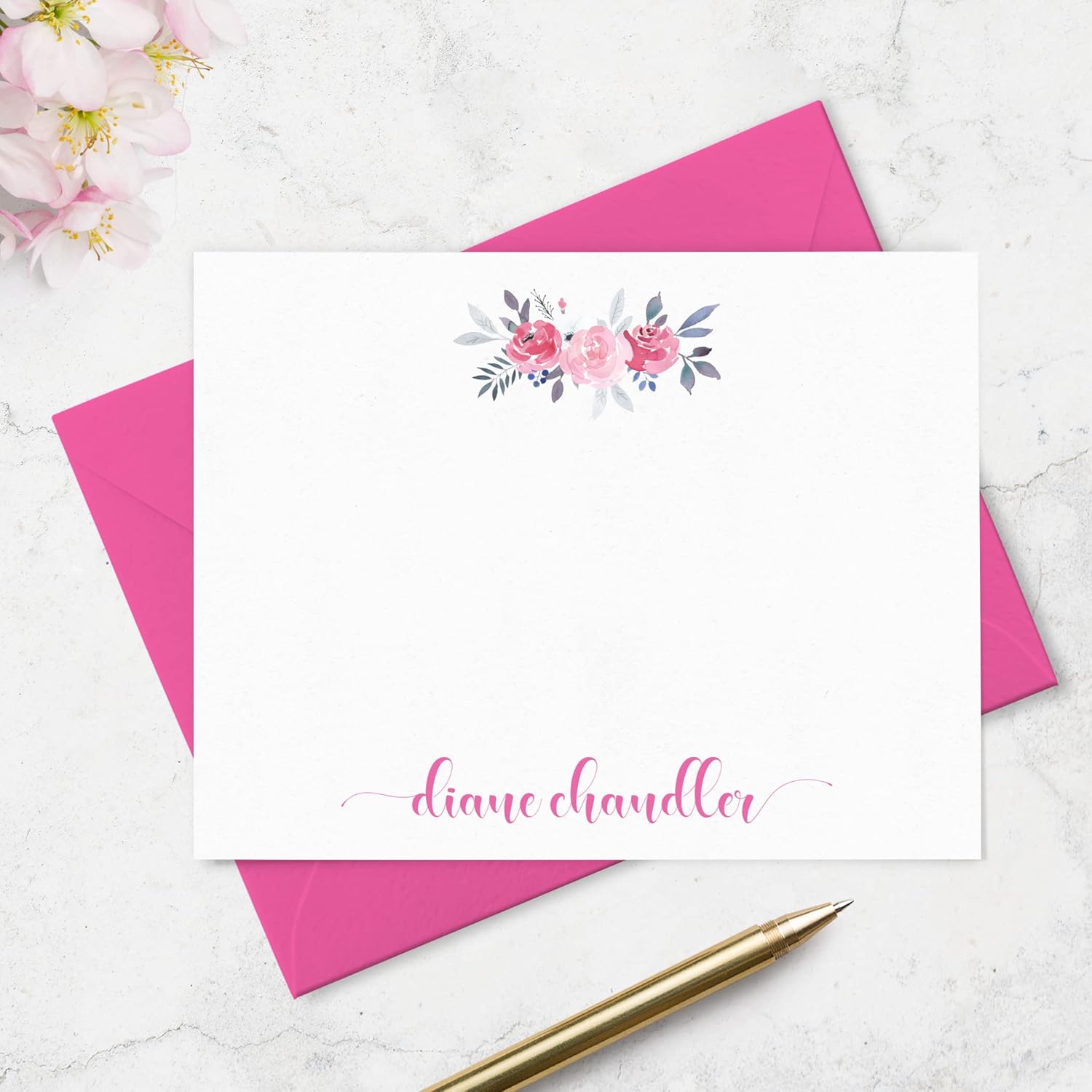 Fairmont & Grove Personalized Floral Note Card and Envelope Stationery Set for Women - Pretty Pink Watercolor Corner Flower Design A2 Flat Note Cards Stationary (Pink Flower at Top)
