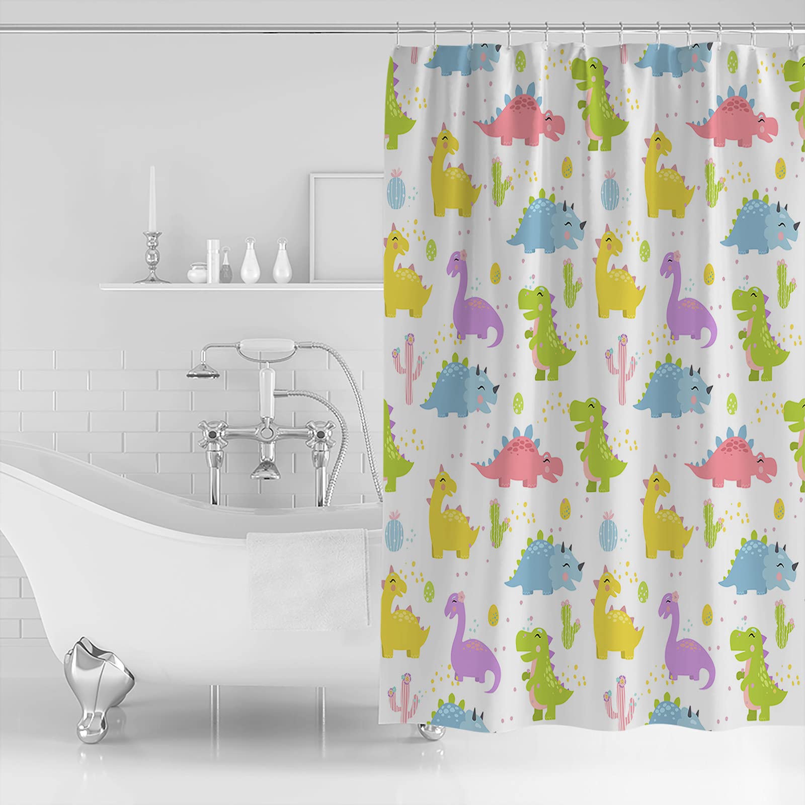 TocaHome Shower Curtain for Bathroom,Cartoon Dinosaur Funny Colorful Animals 54x78inch Waterproof Polyester Fabric Shower Rings Included