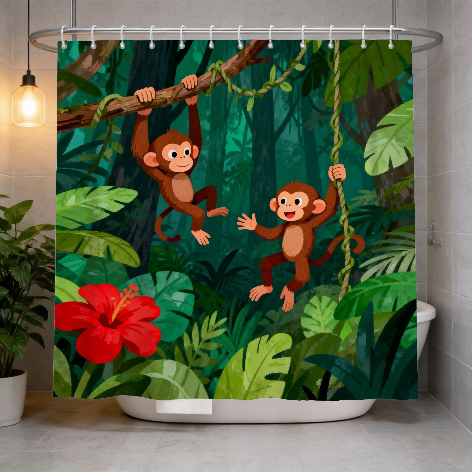Hongduo 3D Cartoon Monkey Shower Curtain for Stalls Bathtubs Kids Bathroom Decor Shower Curtain Set Polyester Fabric Waterproof 200x200cm/79X79 Inch with Hooks