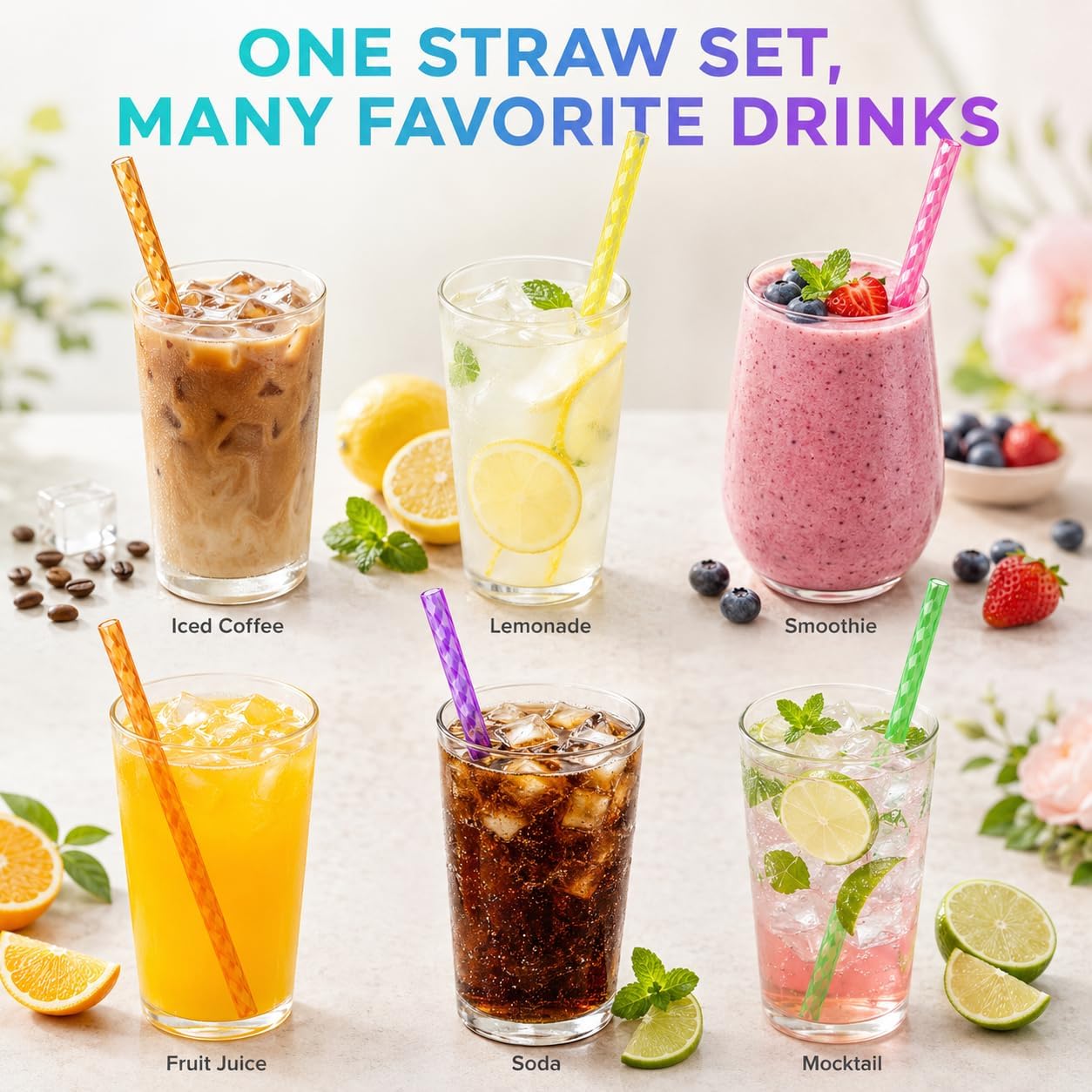 50Pcs Reusable Plastic Straws, 9 Inch Hard Drinking Straws with Cleaning Brush, Colored crystal Straws for Mason Jars, Tumblers, Iced Coffee, Smoothies, Cocktails and Party Cups