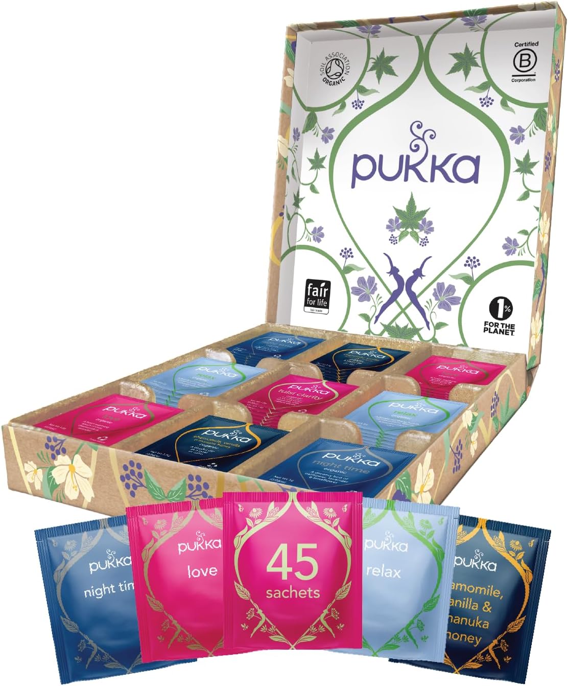 Pukka Organic Tea Gift Set, Relax Selection Herbal Tea Sampler for Health and Wellness, 45 Tea Bags