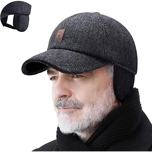 DANC Wessiny Winter Baseball Cap with Ear Muffs, Men's with Ear Muffs Adjustable Thickened and Warm Dad Baseball Cap