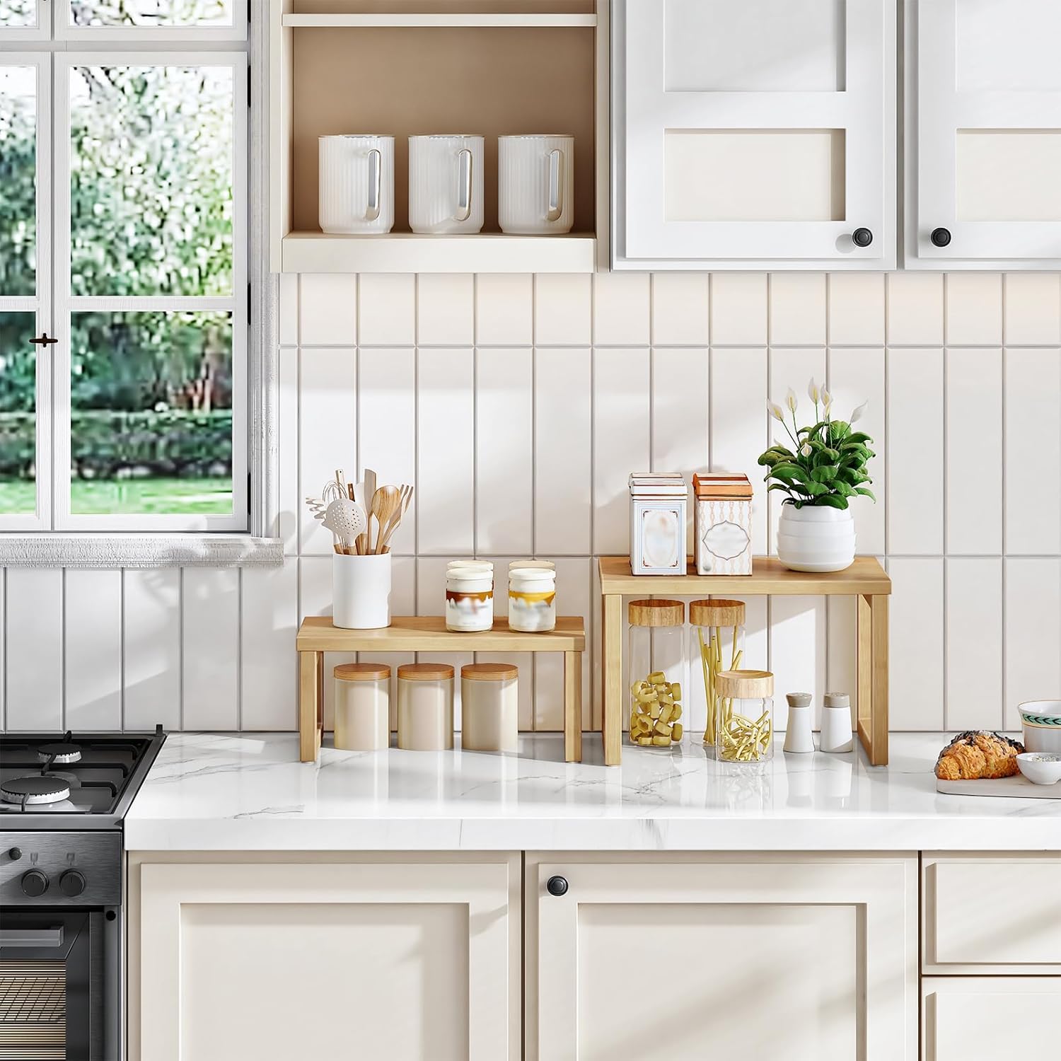 HOOBRO Bread Box and Cabinet Organizer Shelf Bundle, Large Capacity 2-Tier Bread Container, Expandable Kitchen Storage for Kitchen, YL12MB01-YL20TL01