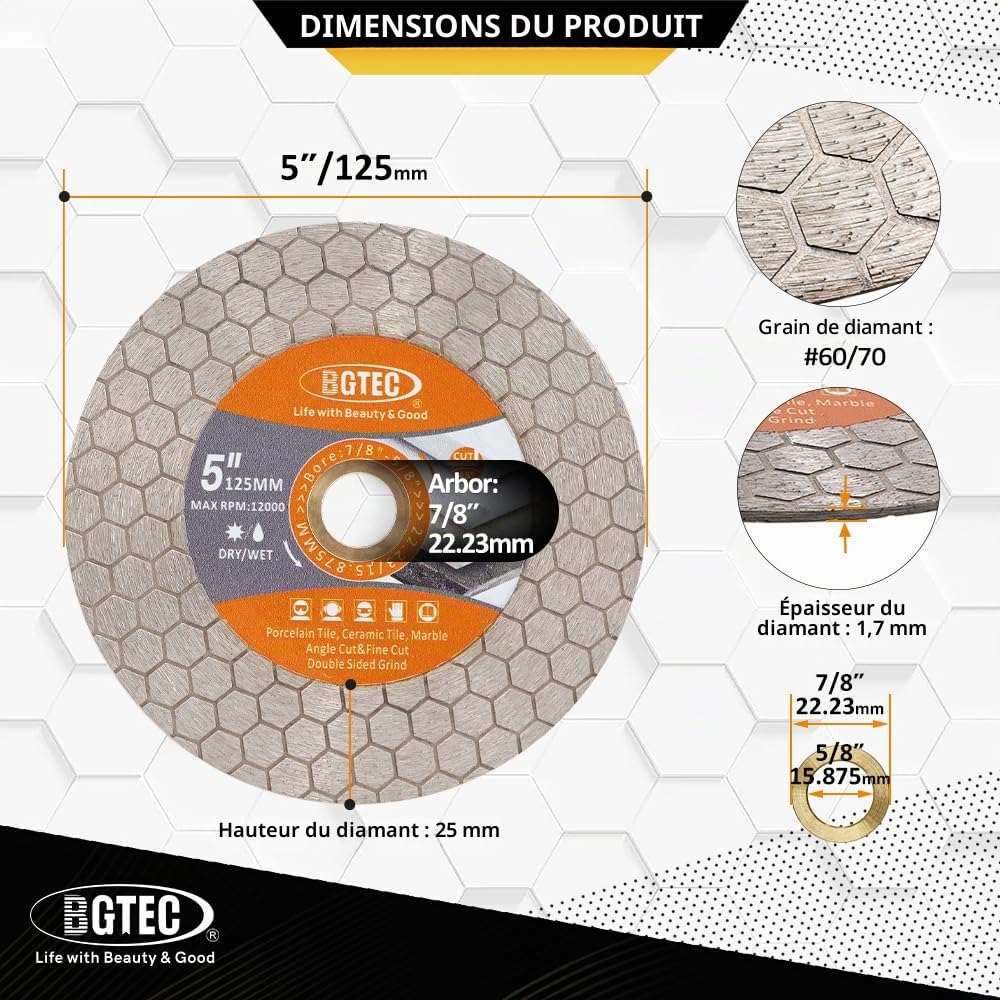 BGTEC Disque Diamant Carrelage 125mm avec Alésage 22,23mm | Double Face pour Carreaux de Céramique, Porcelaine, Marbre, Pierre Artificielle