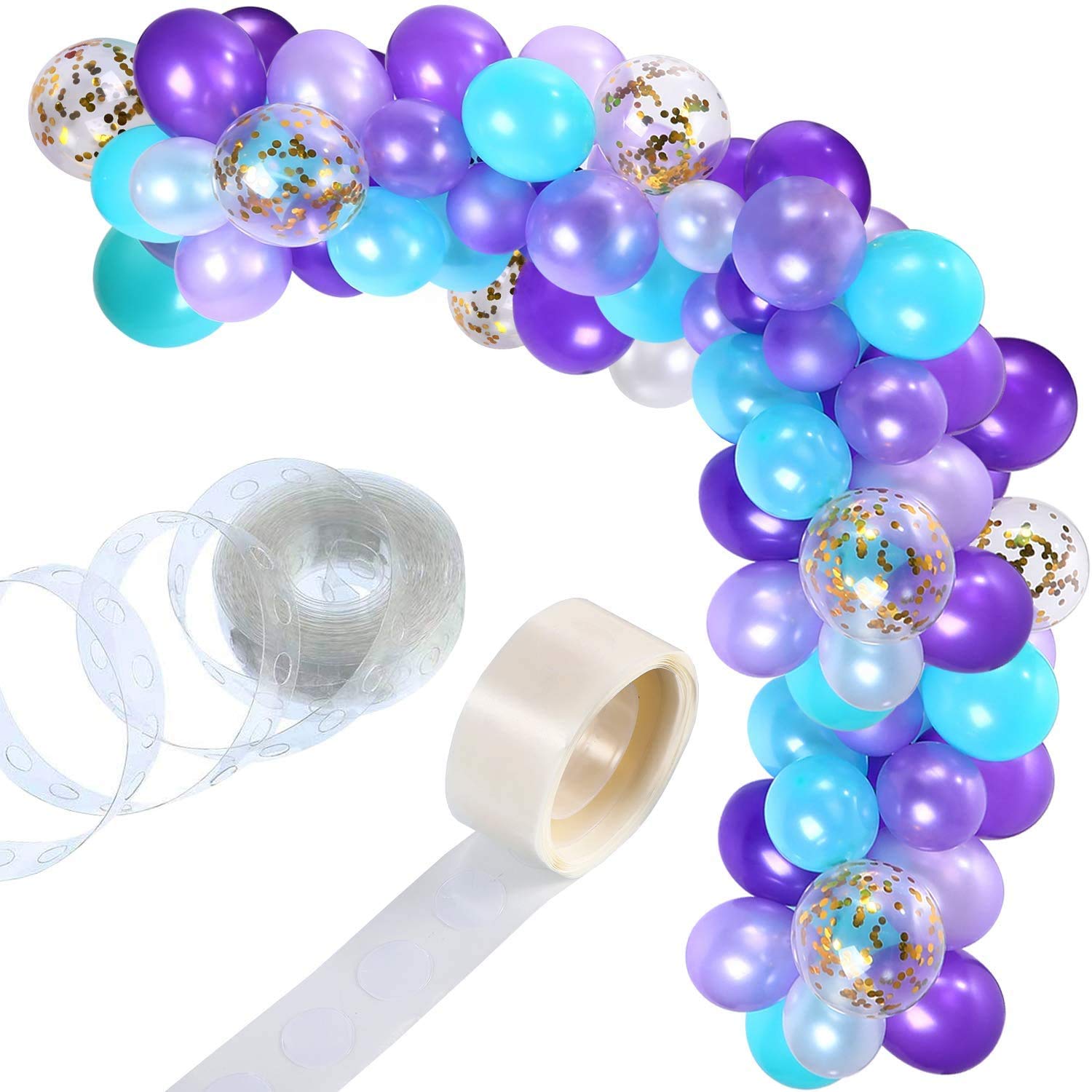 PARTY TIME - Set of 112 Balloons Arch Garland for Birthday, Wedding, Christening and Themed Party Decorations (Purple, Caribbean Blue, Pastel Purple, White & Gold Confetti Balloons)