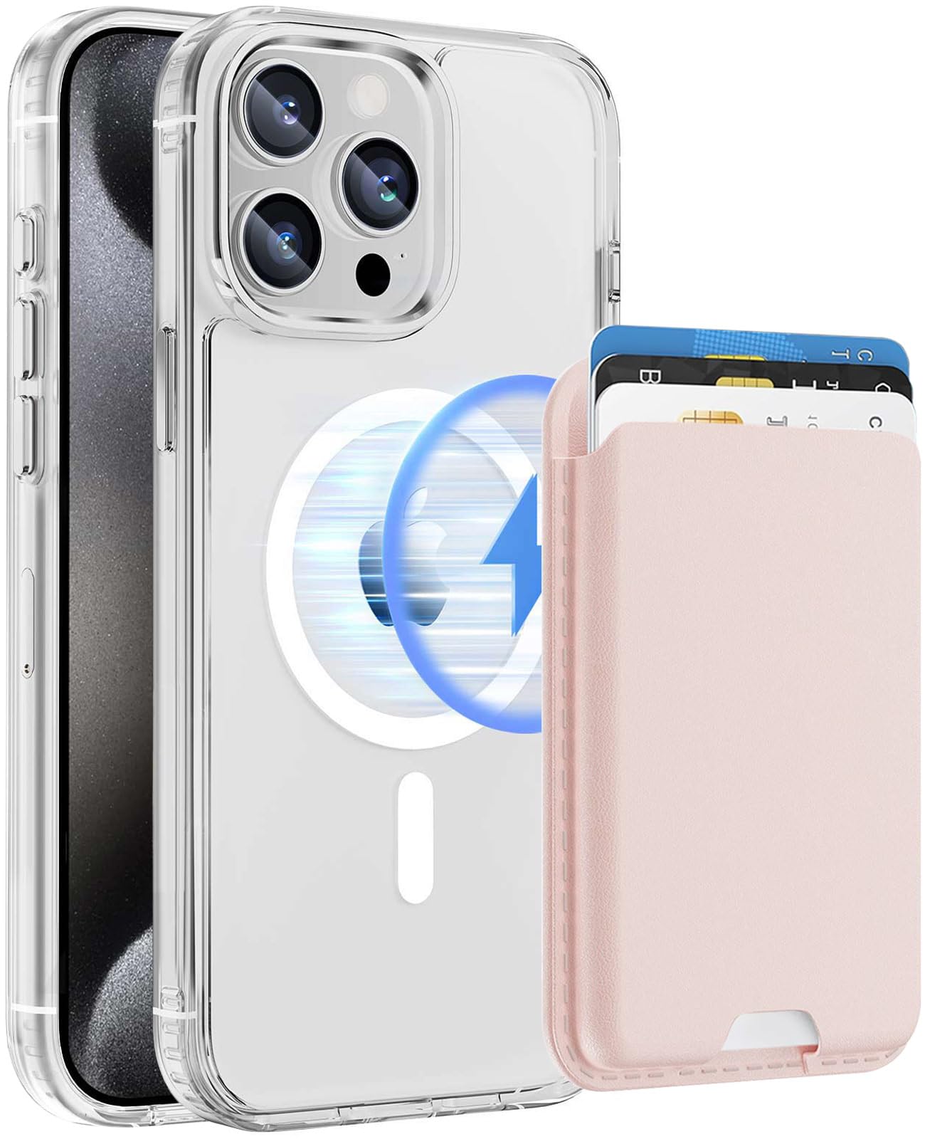 Ntwinro Magnetic for iPhone 15 Pro Max Clear Case with Pink Detachable Wallet, Compatible with MagSafe, Credit Card Holder with Slim Shockproof