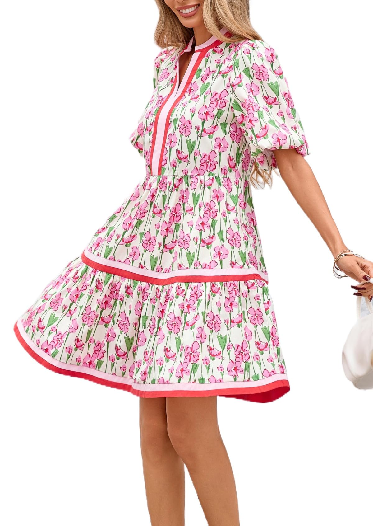 Women Floral Babydoll Mini Dress Puff Sleeve