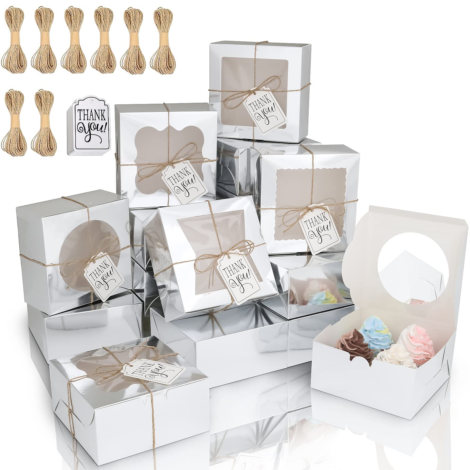 KPOSIYA 65PCS Bakery Boxes with Window 6x6x3 Inches 5 Style Cookie Boxes Small Pastry Boxes for Candy, Dessert, Pastry, Donuts, Birthday Party, Wedding(Silver)