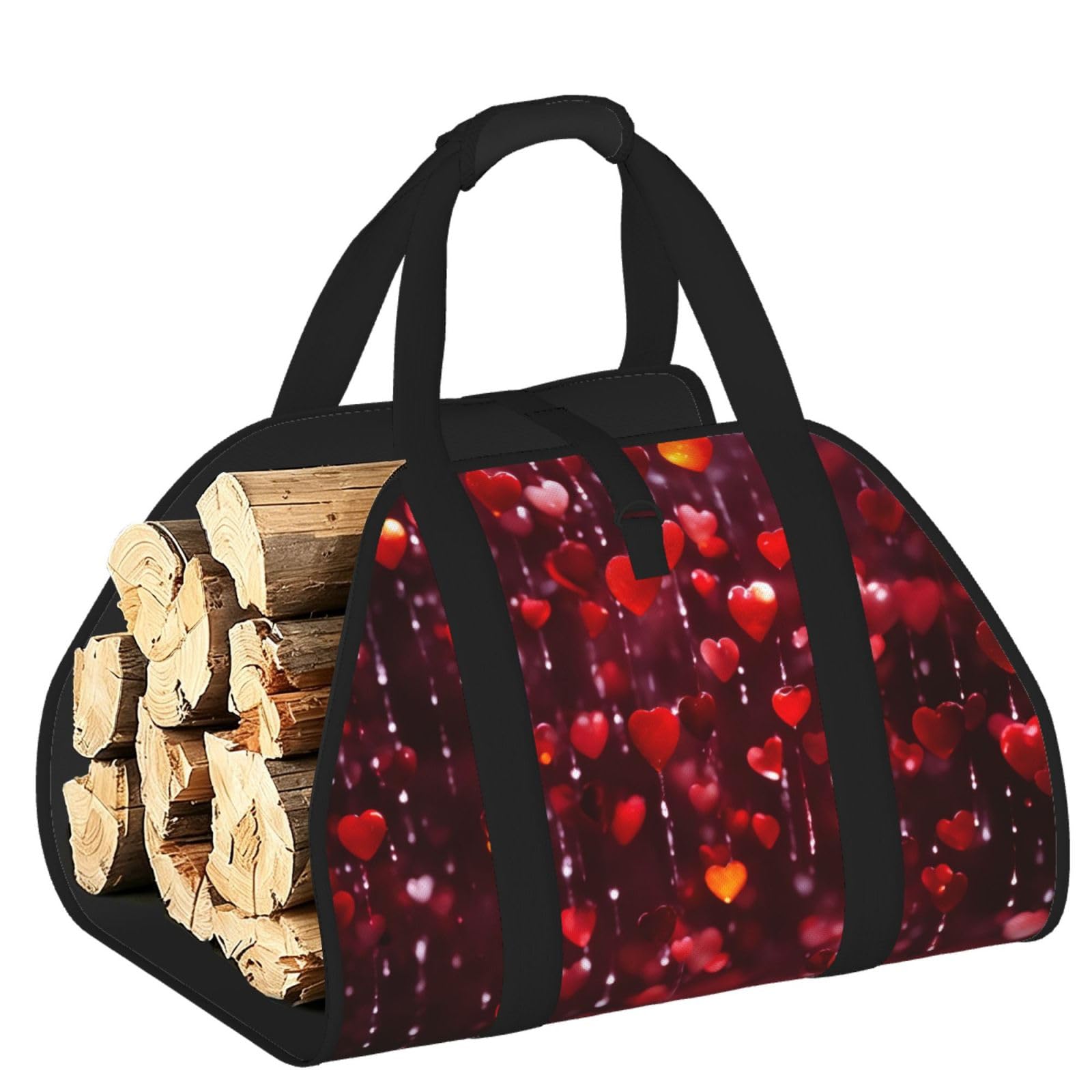 Ayyqwe Black Abstract Heart Print Firewood Bag Wood Waterproof Versatile Camping Picnic Storage Daily Home